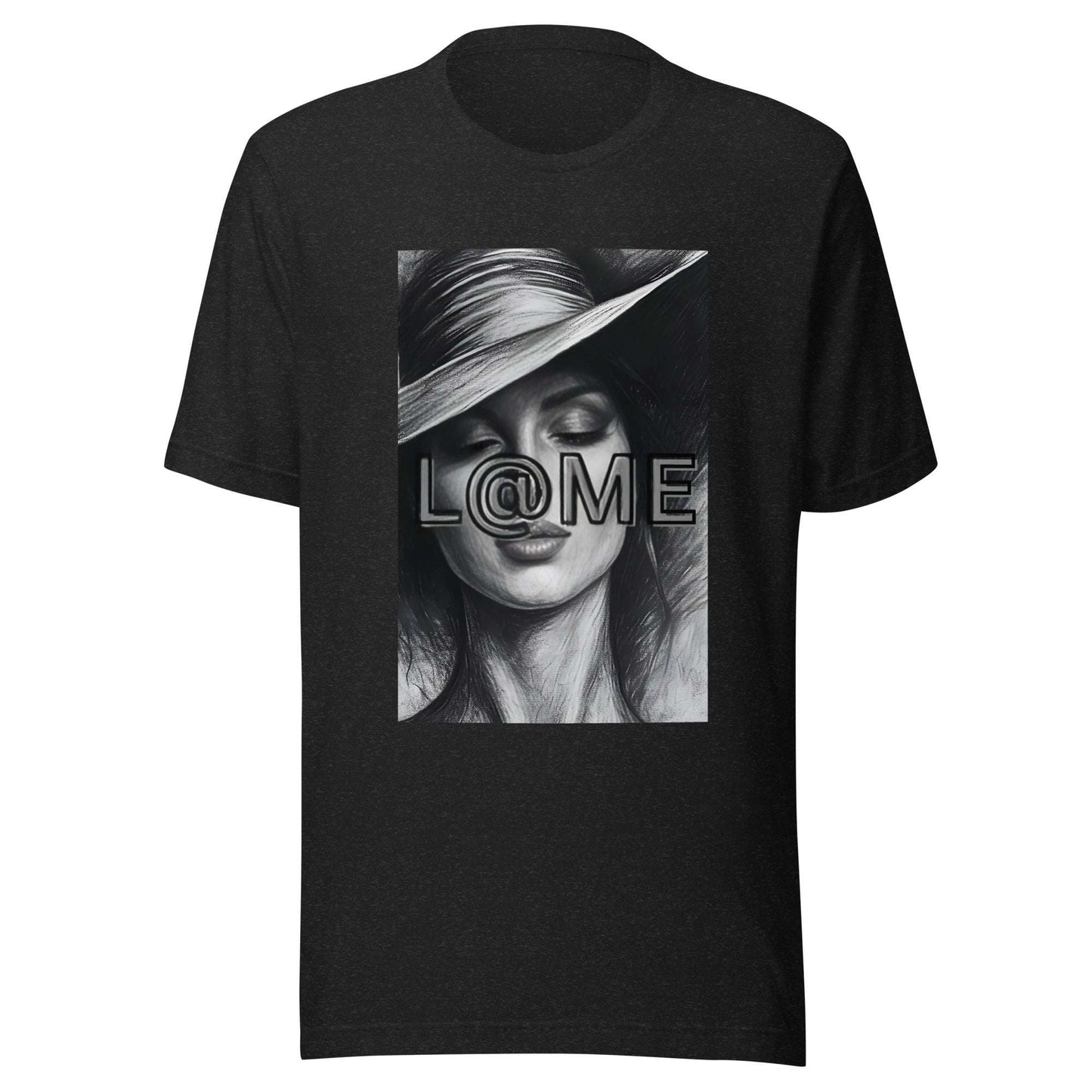 Black t-shirt featuring a monochrome portrait and the L@ME logo on the front.
