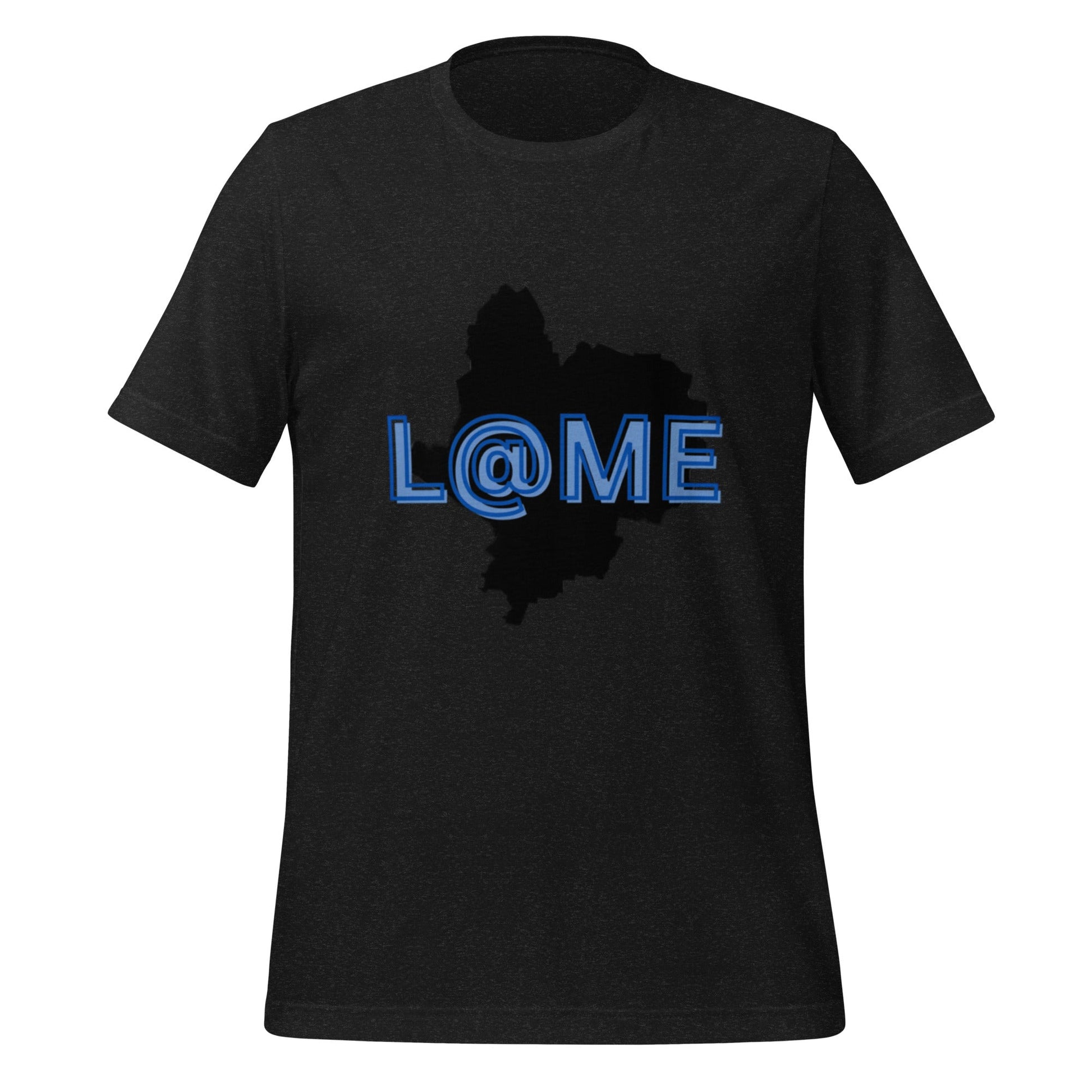 Purple t-shirt featuring a black silhouette graphic and blue lettering in a minimalist design.