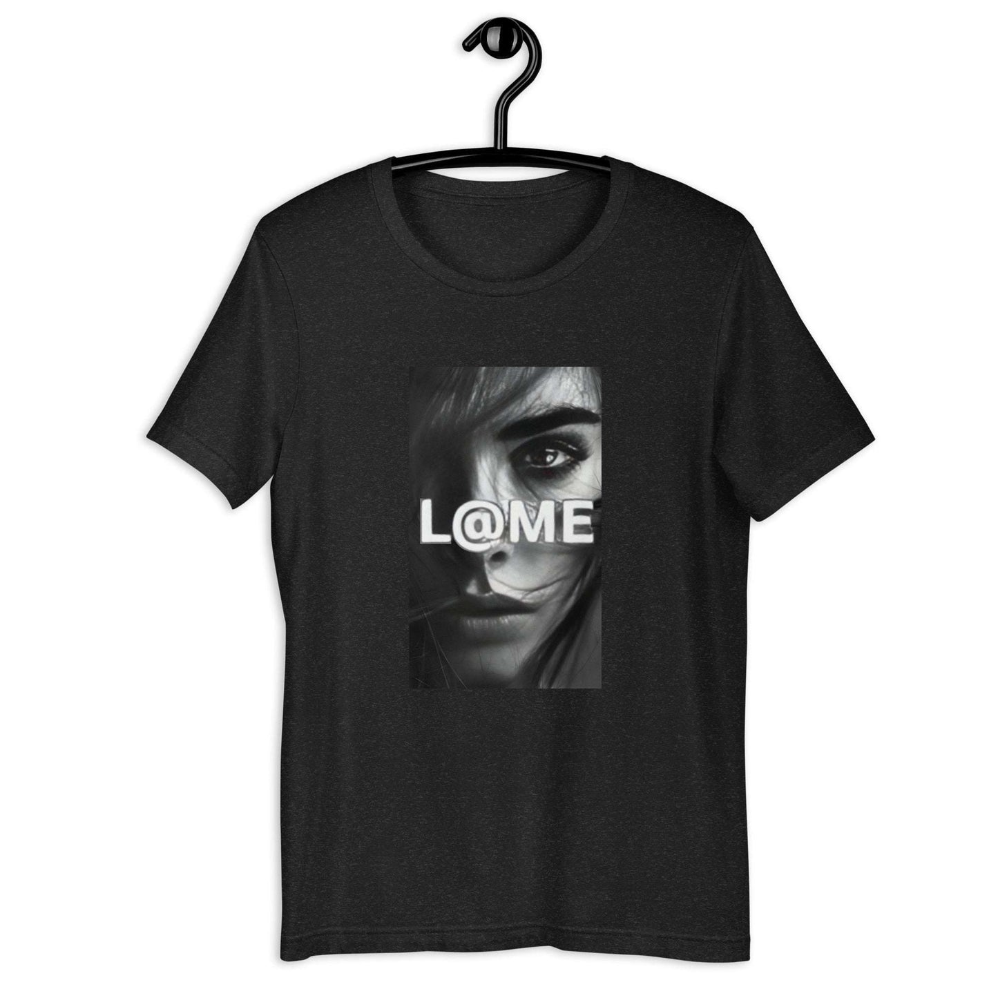 Black t-shirt with a grayscale portrait and L@ME logo on the front