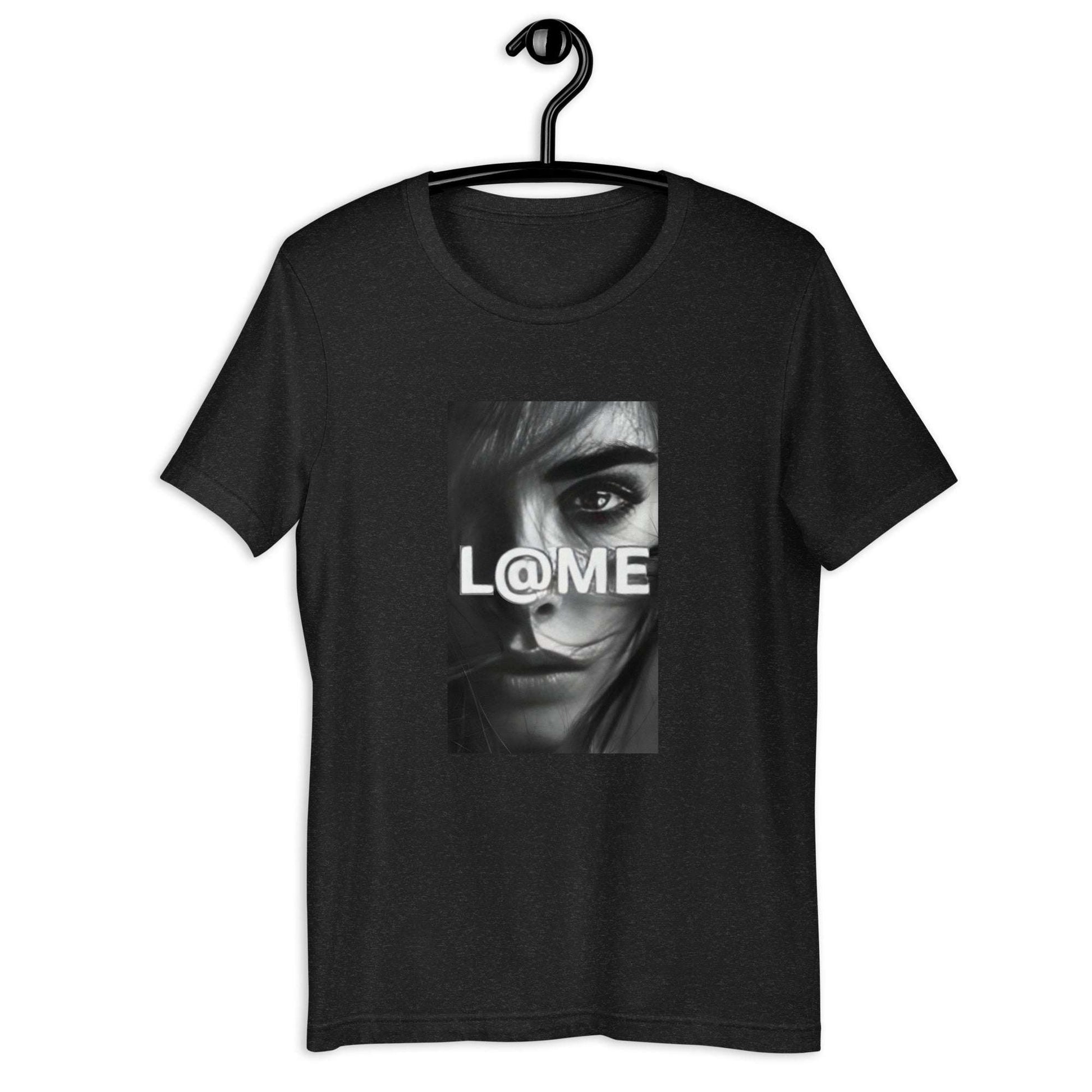 Black t-shirt with a grayscale portrait and L@ME logo on the front