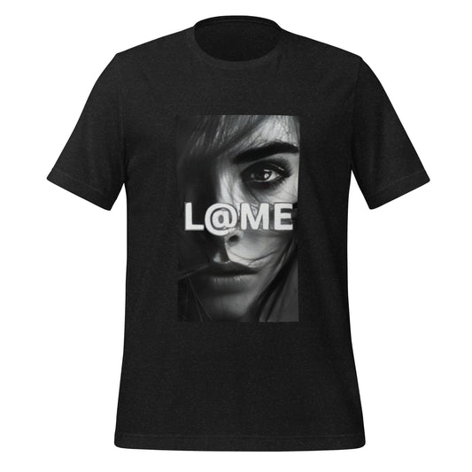 Black t-shirt featuring a grayscale face design and the L@ME logo on the front.