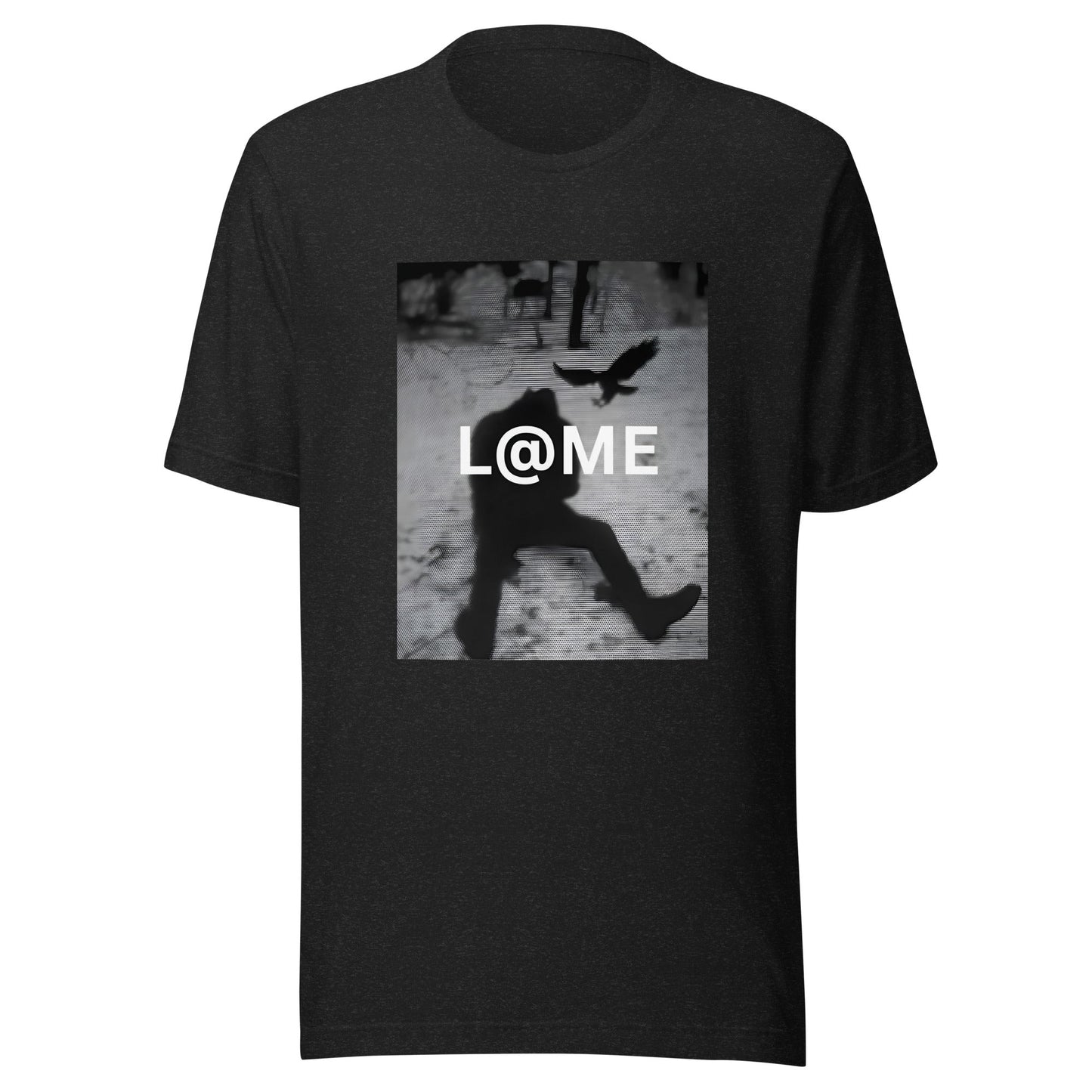 Black and white tee featuring a silhouette in motion, made of soft cotton fabric.