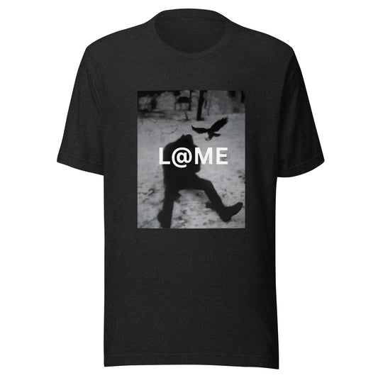 Black and white tee featuring a silhouette in motion, made of soft cotton fabric.