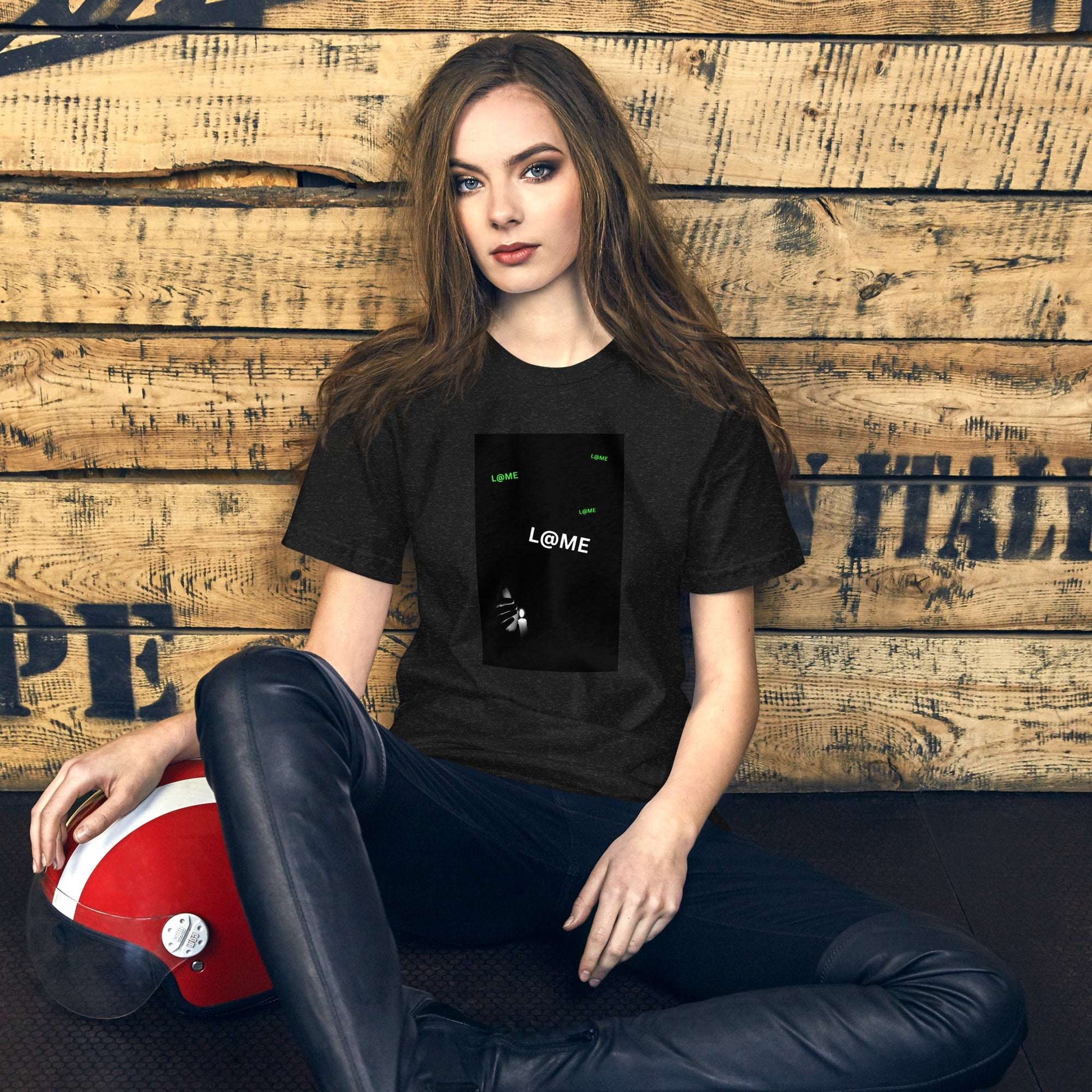Minimalist tee in black with subtle green L@ME logos and a central print design.