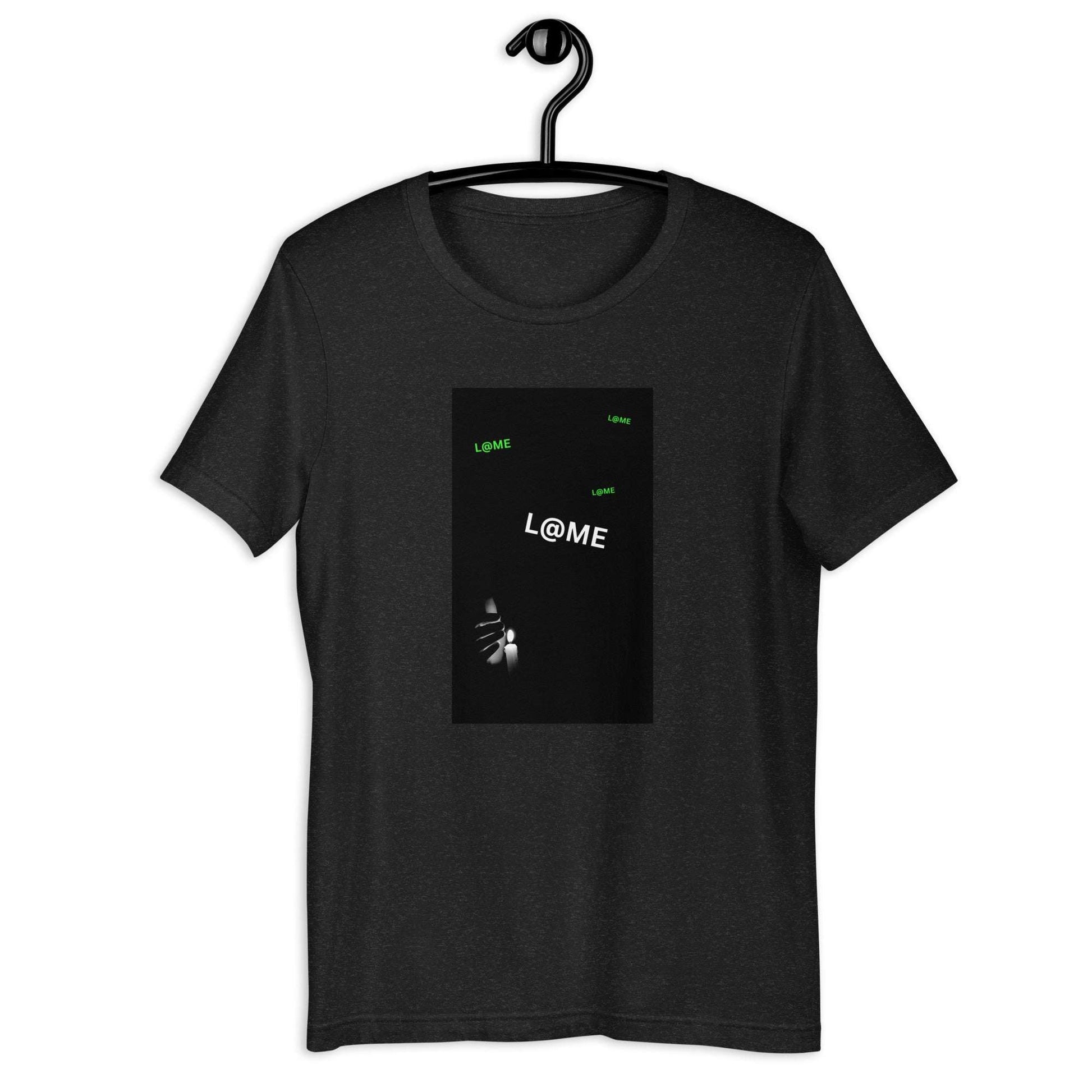 Minimal tee in dark fabric with subtle green logos and a central print design.