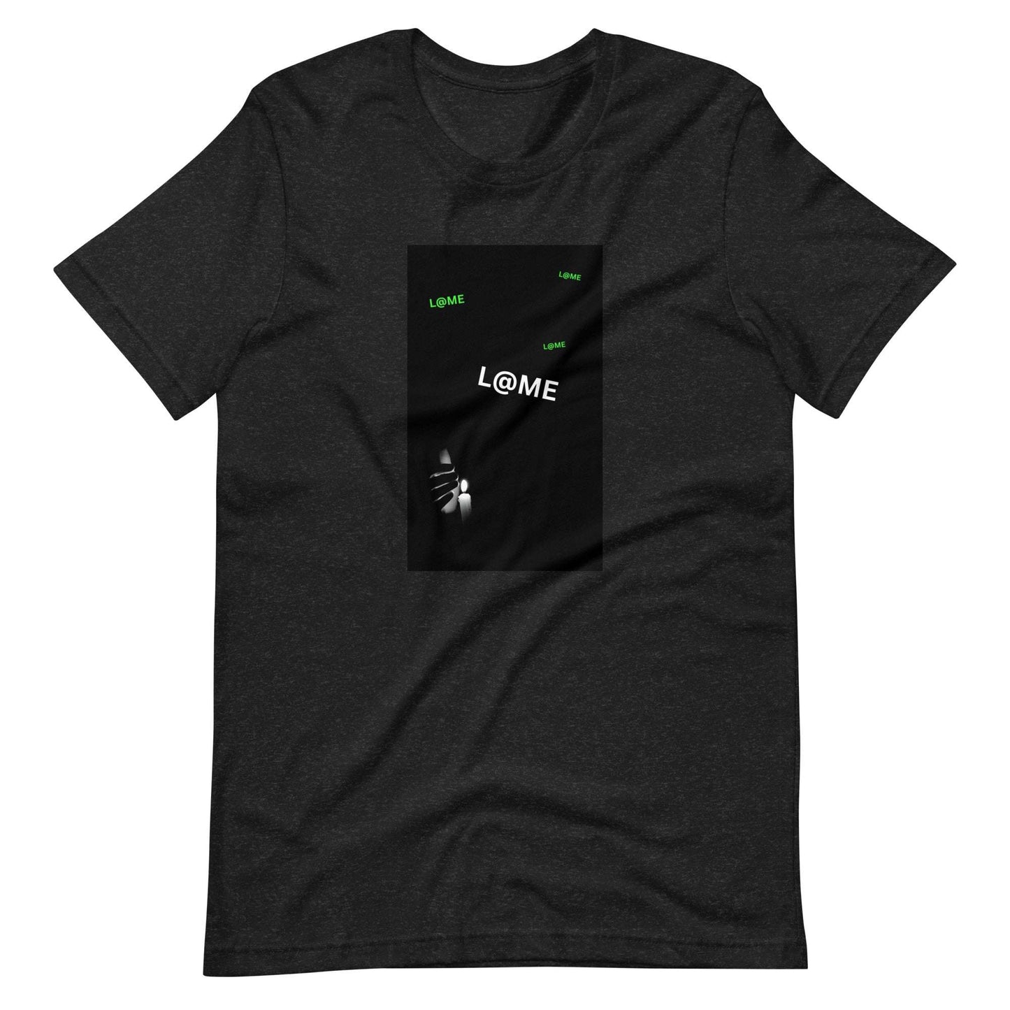 Black L@ME Neon Whispers tee with subtle green logos and a central neon print on front