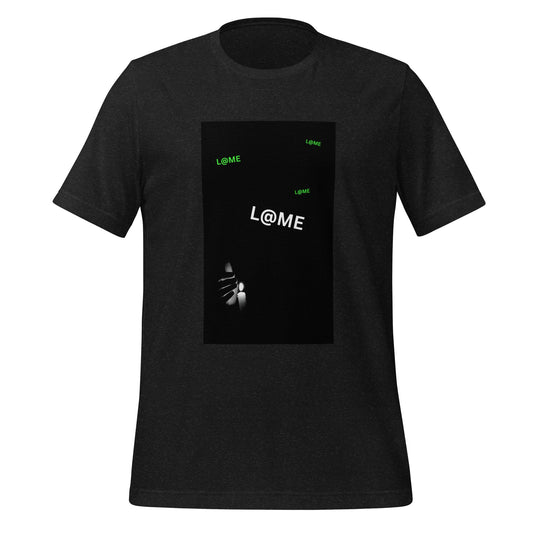 Black L@ME Neon Whispers tee with subtle green logos and a central neon print on front
