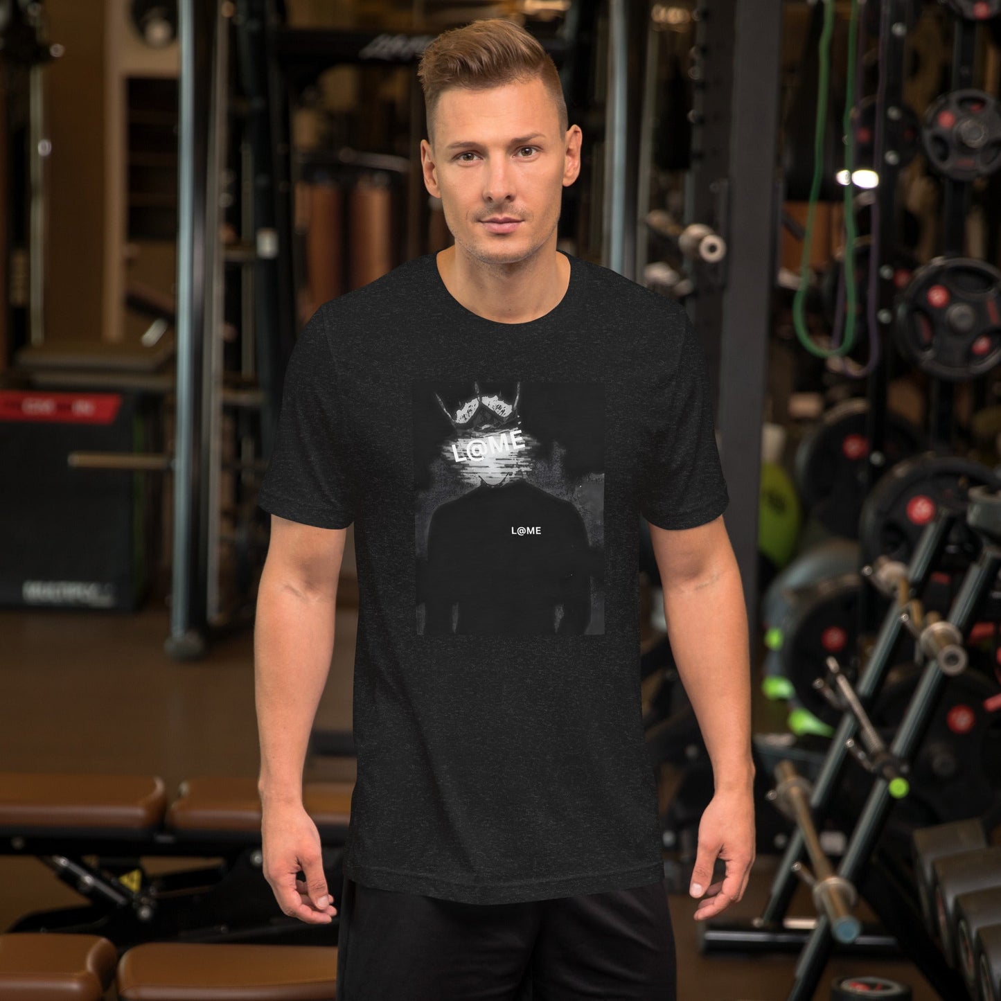 Black tee featuring a glitch-inspired design with abstract patterns and a relaxed fit.