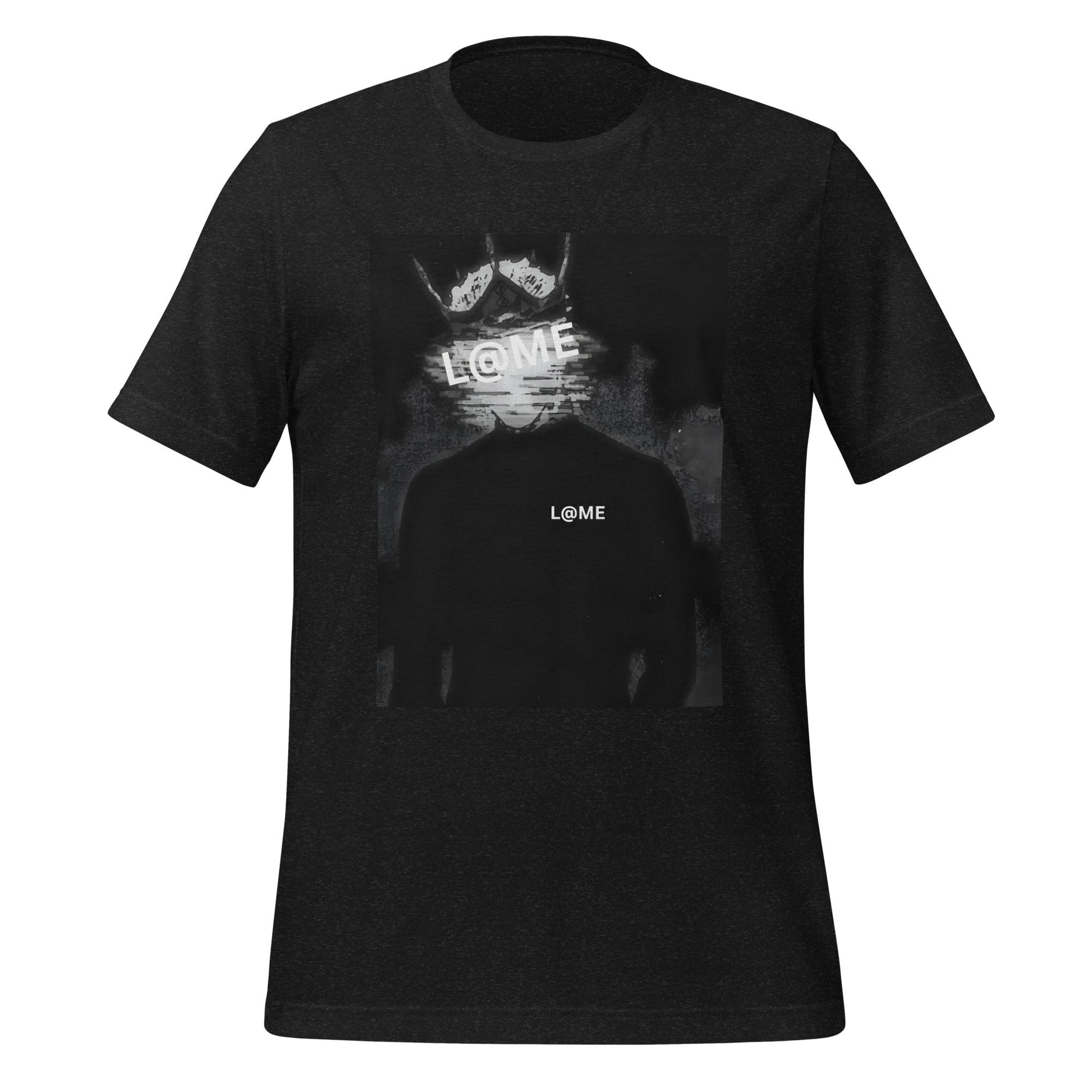 Black tee with glitch-inspired design featuring abstract patterns and a relaxed fit.