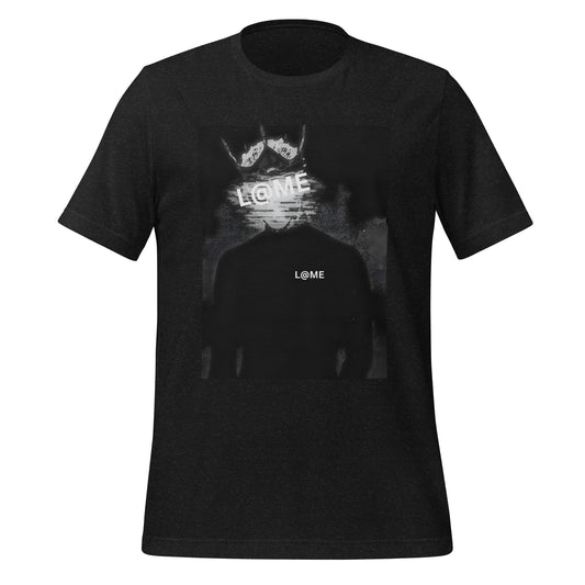 Black tee with glitch-inspired design featuring abstract patterns and a relaxed fit.