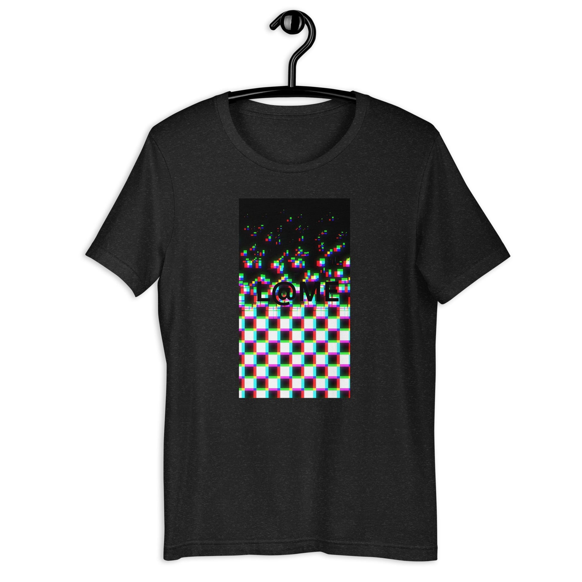 Black tee featuring a bold glitch design with a warped grid and static effects.