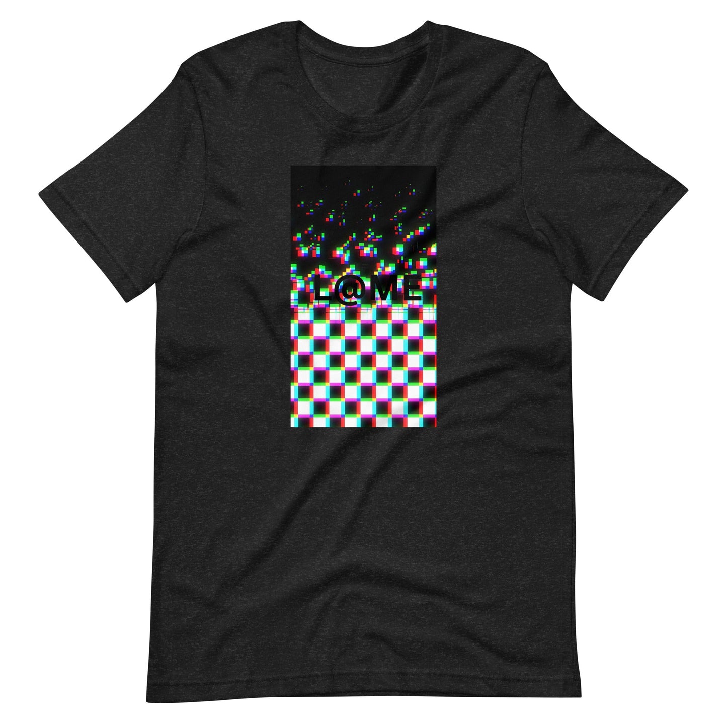 Black tee featuring a bold glitch design with a warped grid and static effects.
