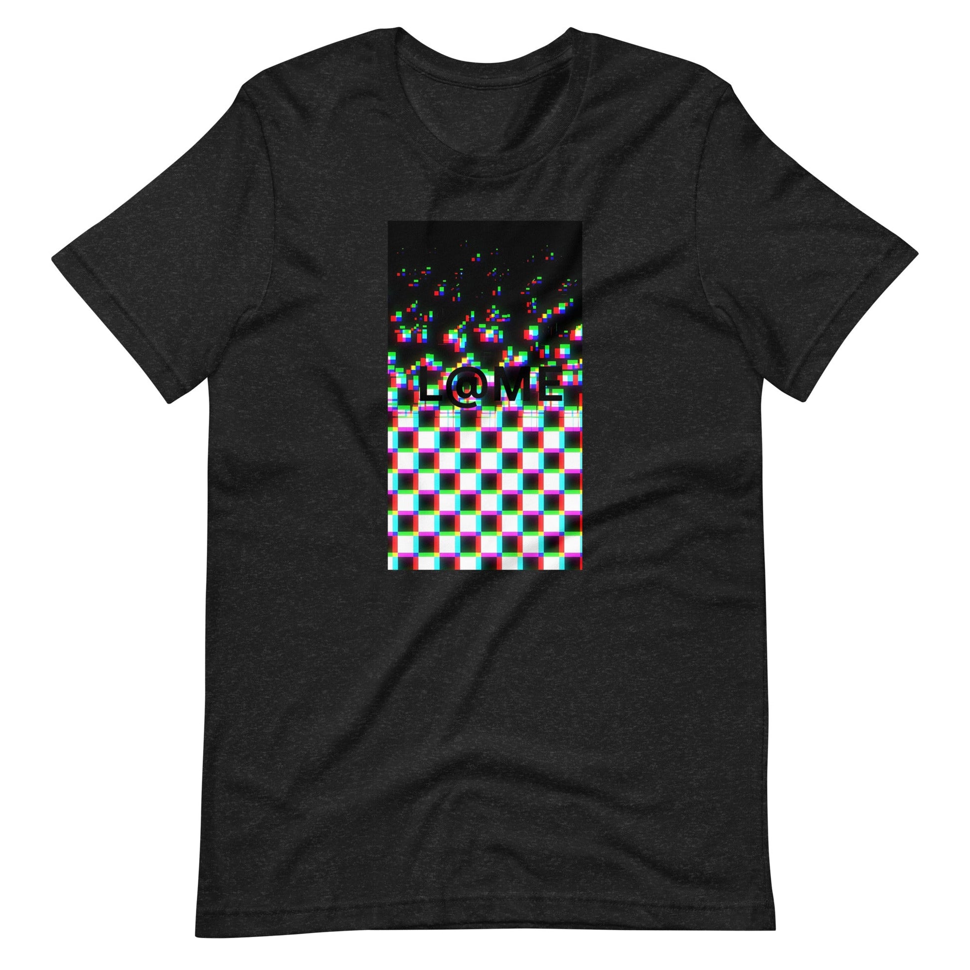 Black tee featuring a bold glitch design with a warped grid and static effects.