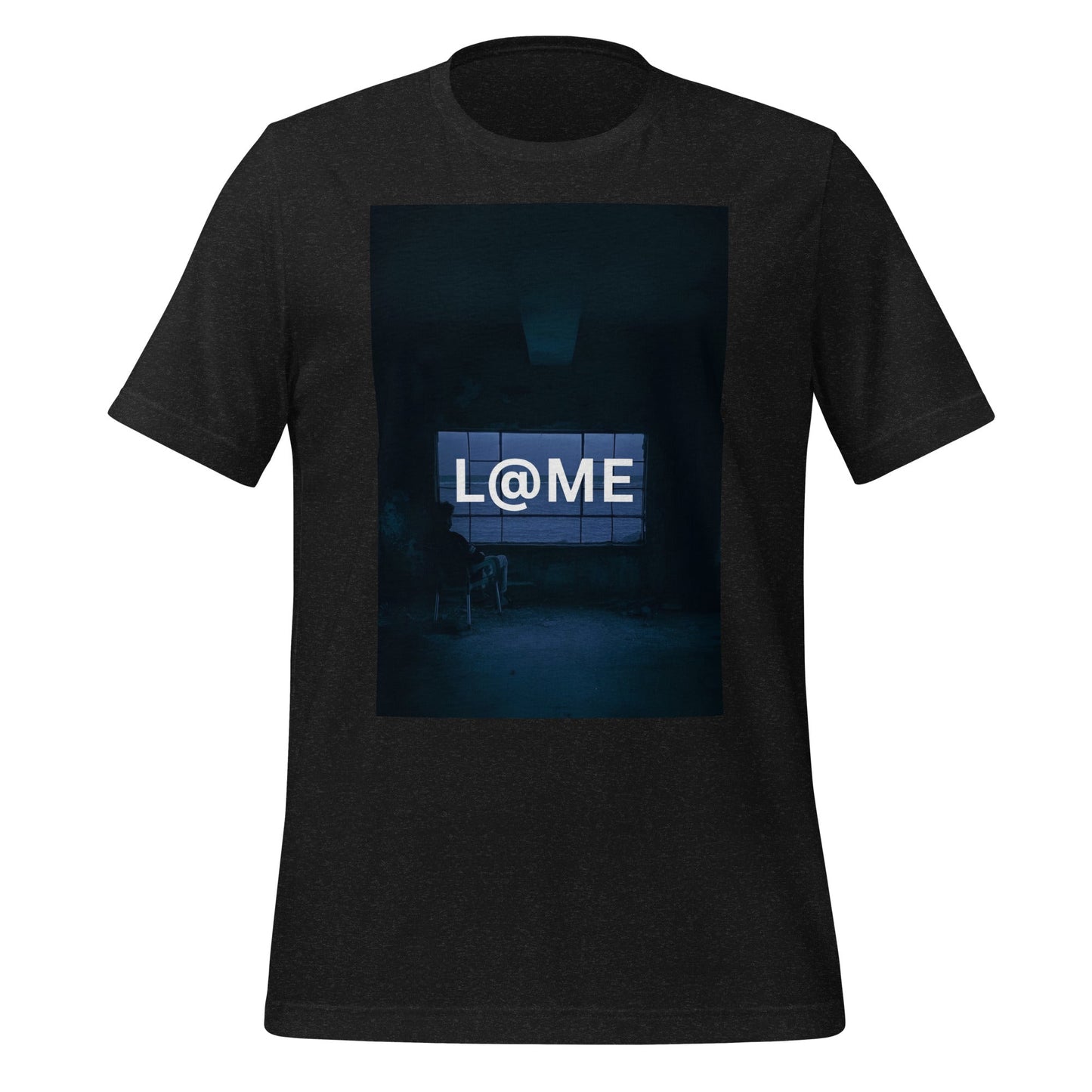 Black L@ME Midnight Silence tee with blue neon graphic and short sleeves