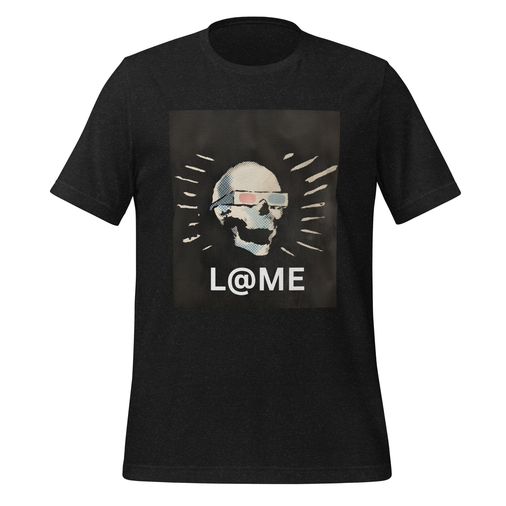Black tee featuring a stylized skull with lightburst accents and tinted shades.