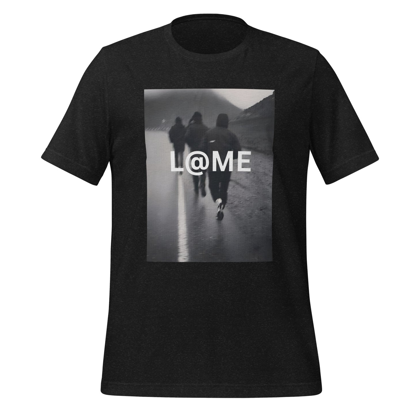 Grayscale street photo graphic tee with L@ME logo on a black cotton fabric.