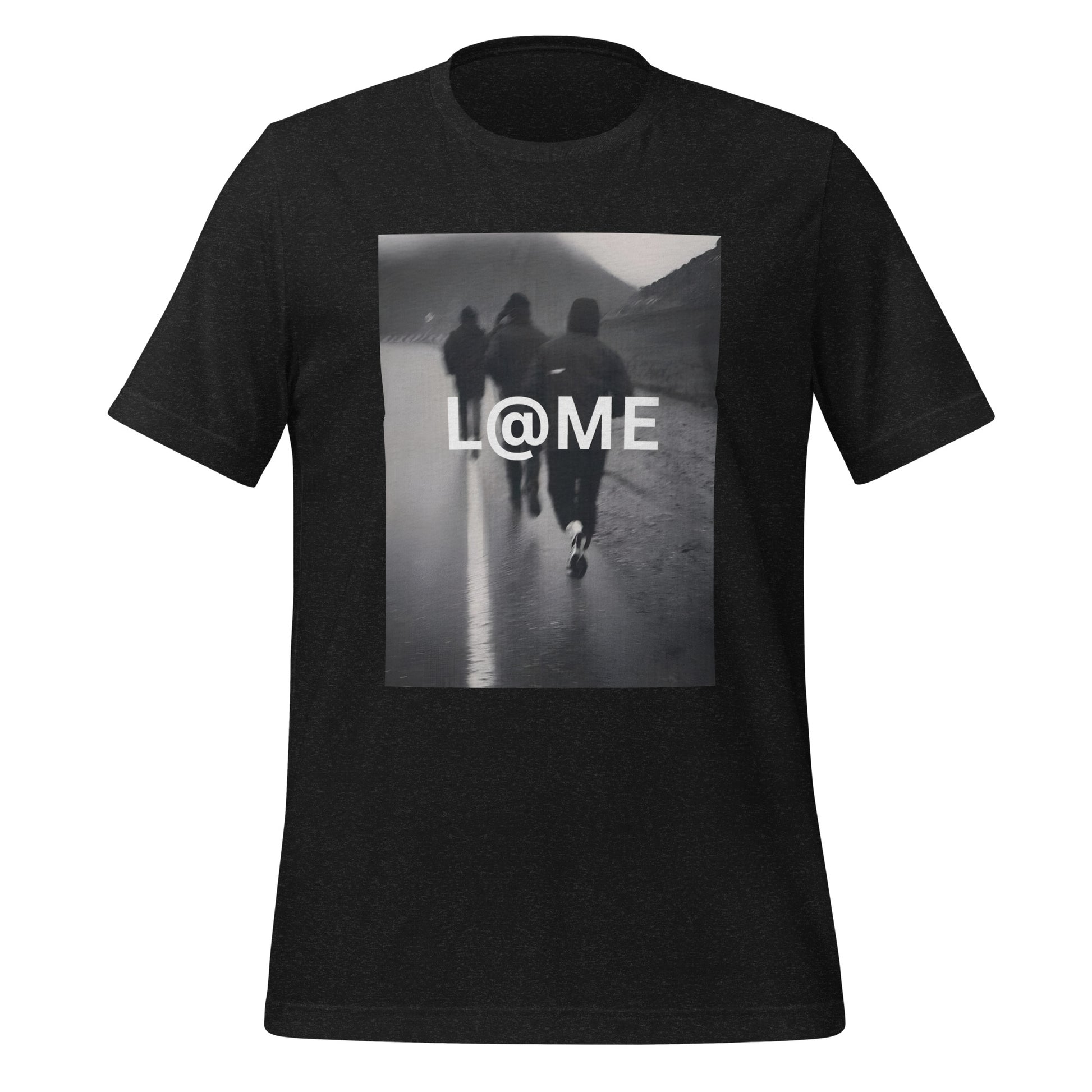 Grayscale street photo graphic tee with L@ME logo on a black cotton fabric.