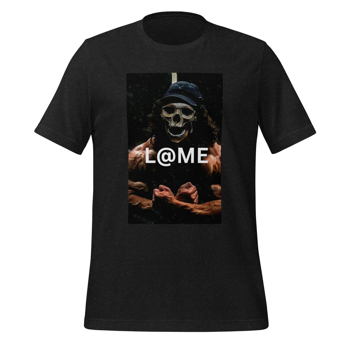Black graphic tee featuring a skeletal figure flexing under dim light.
