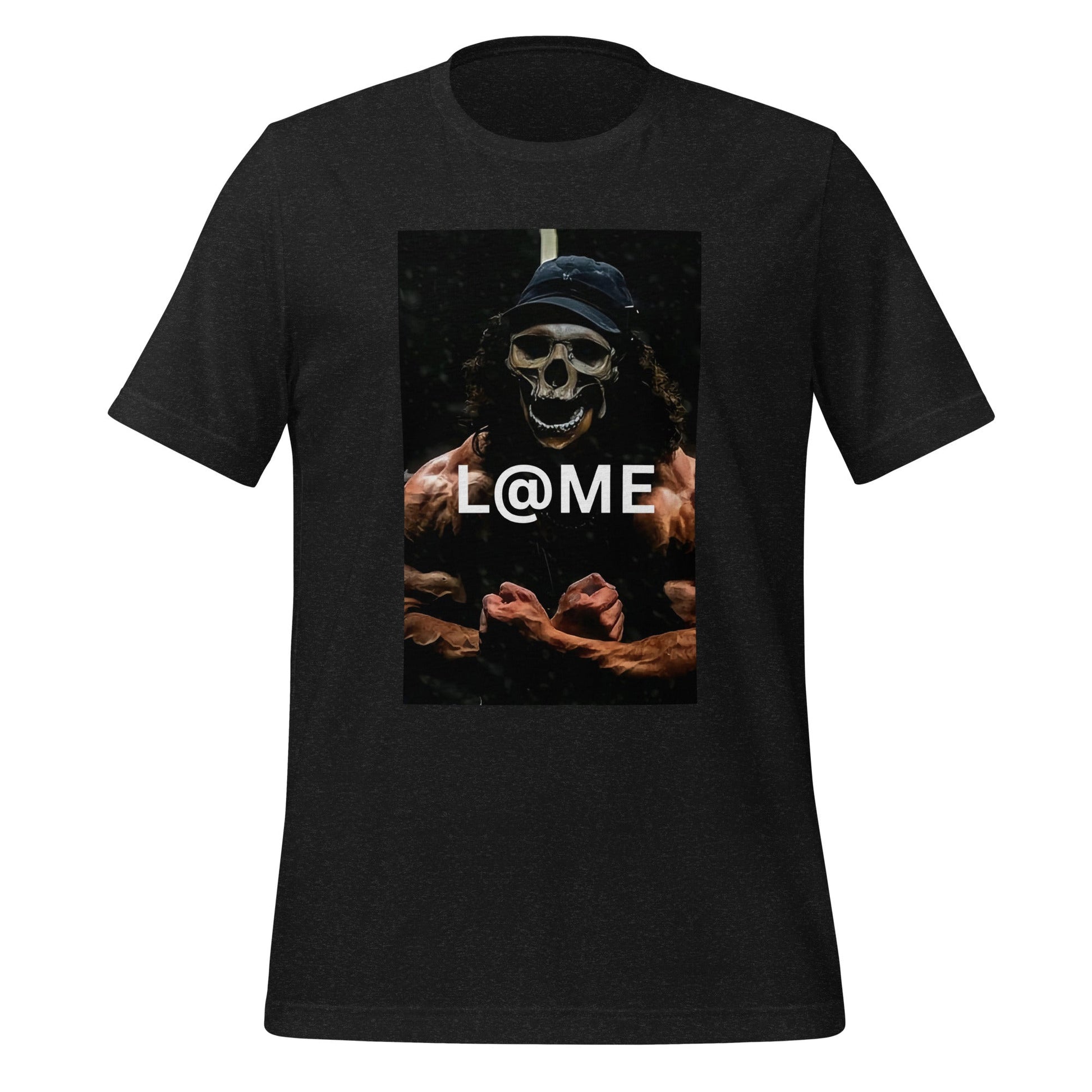 Black graphic tee featuring a skeletal figure flexing under dim light.