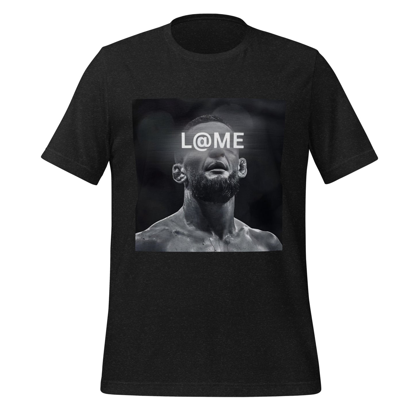 Black graphic tee with a black-and-white intense portrait and the word Relentless on front