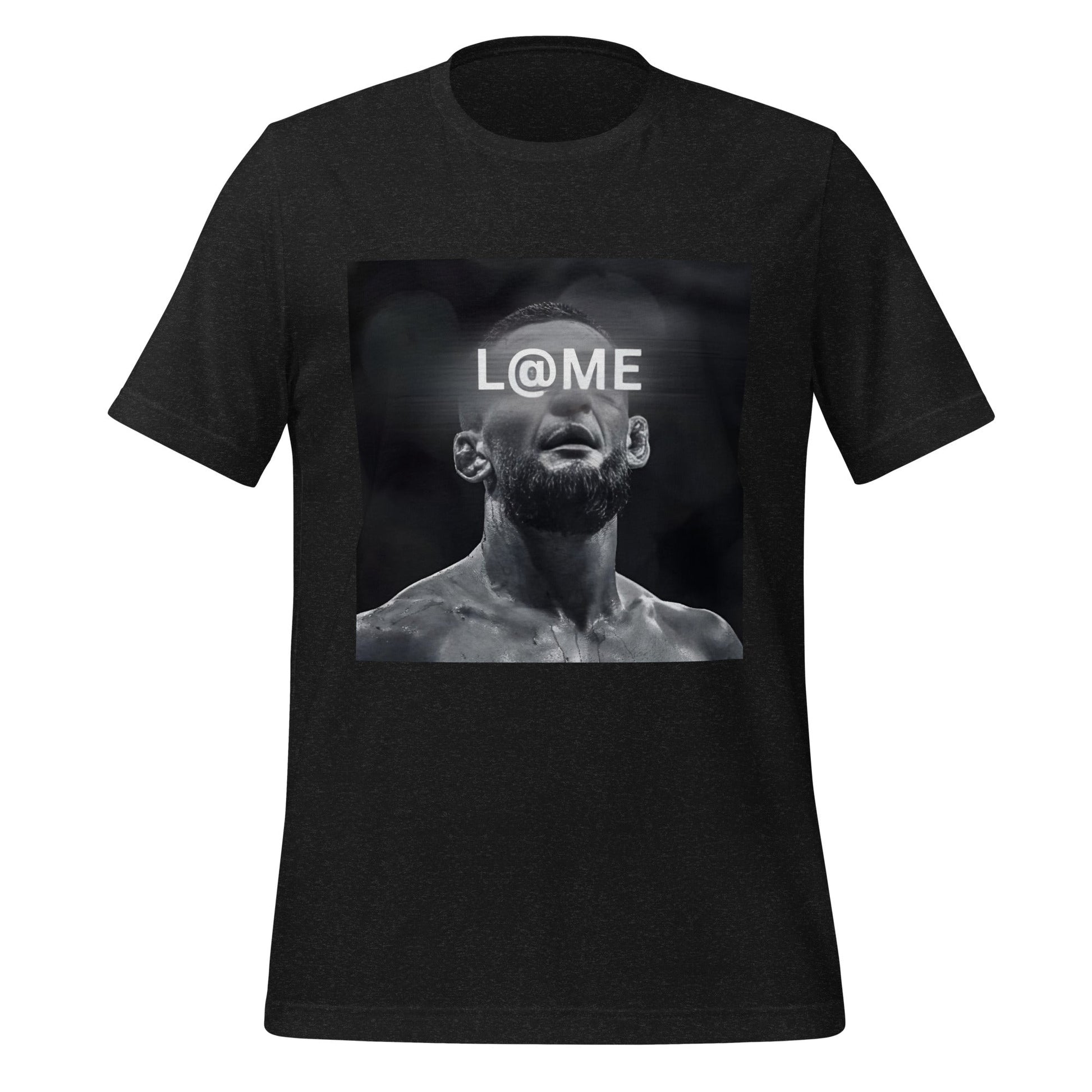 Black graphic tee with a black-and-white intense portrait and the word Relentless on front