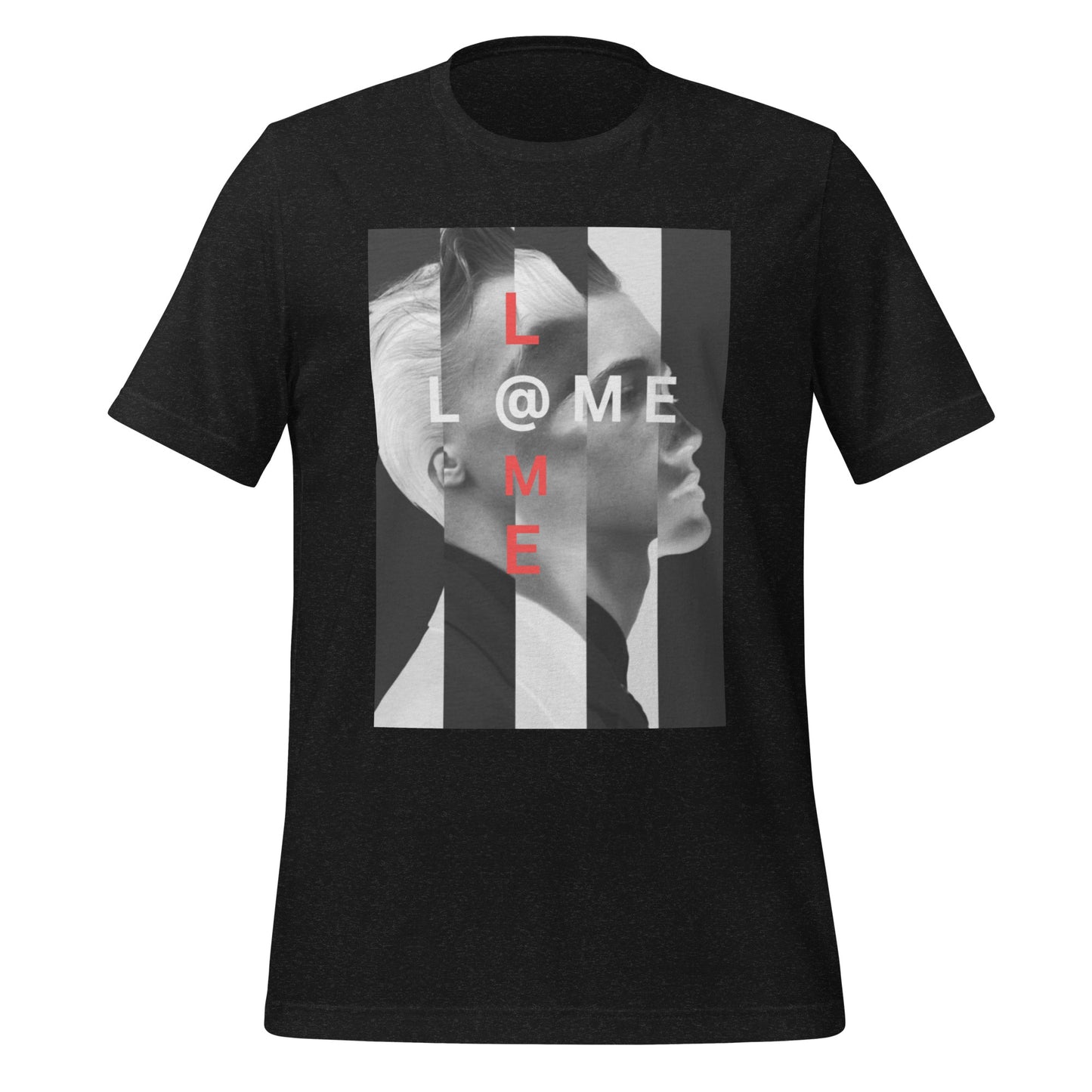 Black and white striped tee with red text accents and minimalist design on front