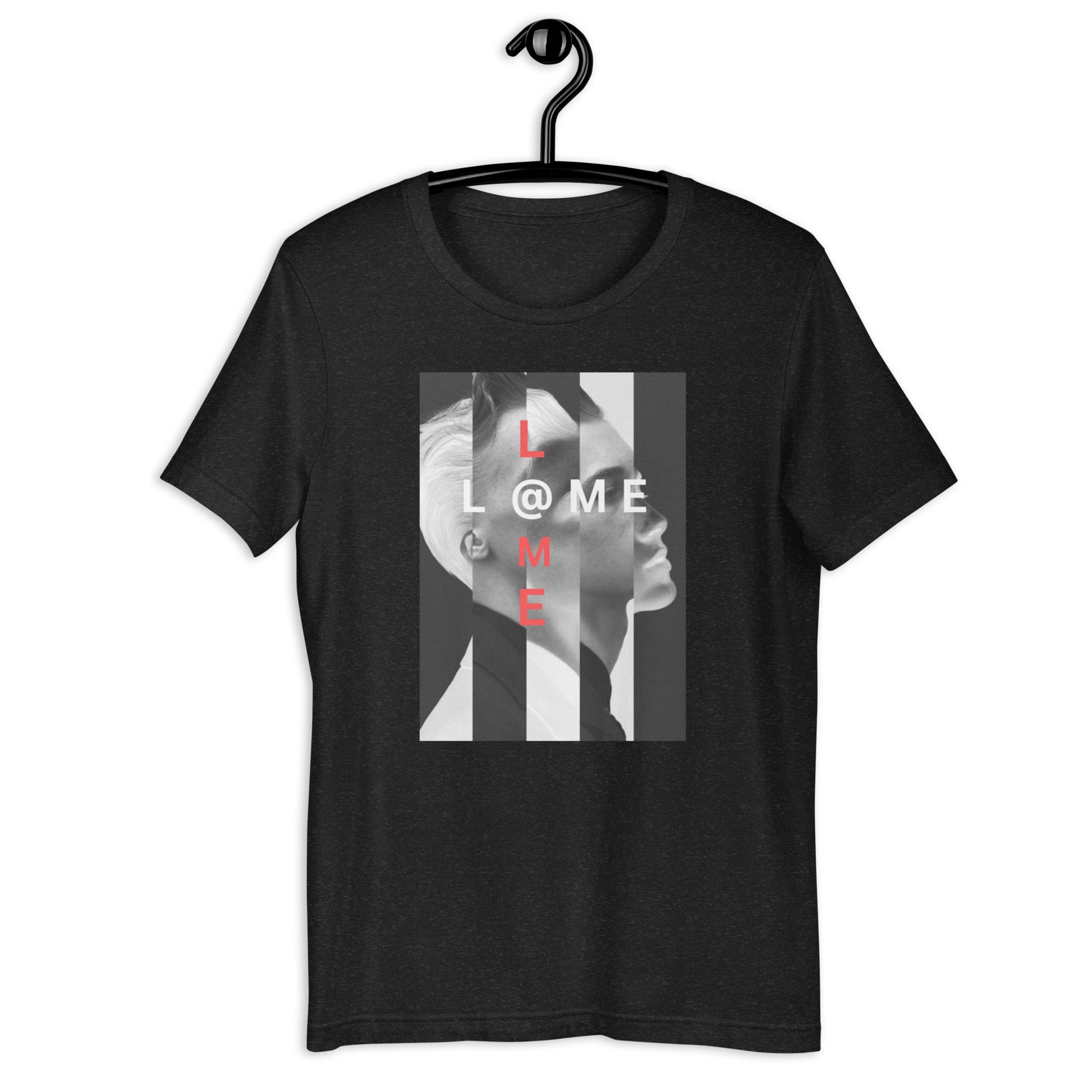 Black and white tee with bold white stripes and red text accents on front