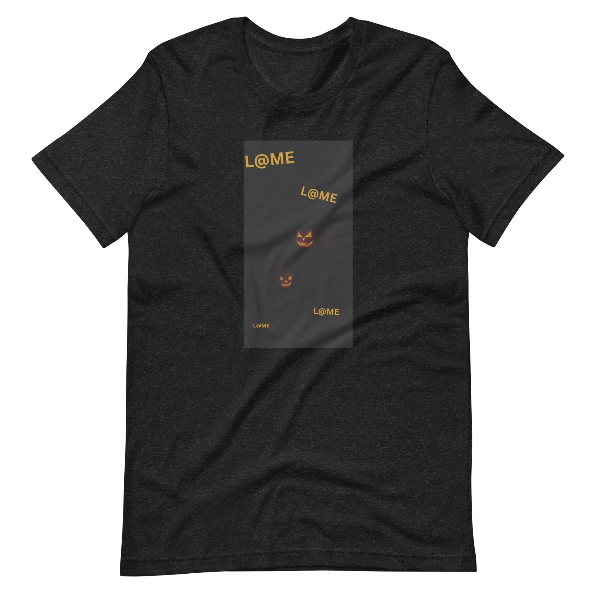 Black Halloween tee with subtle orange pumpkin faces on a dark background.