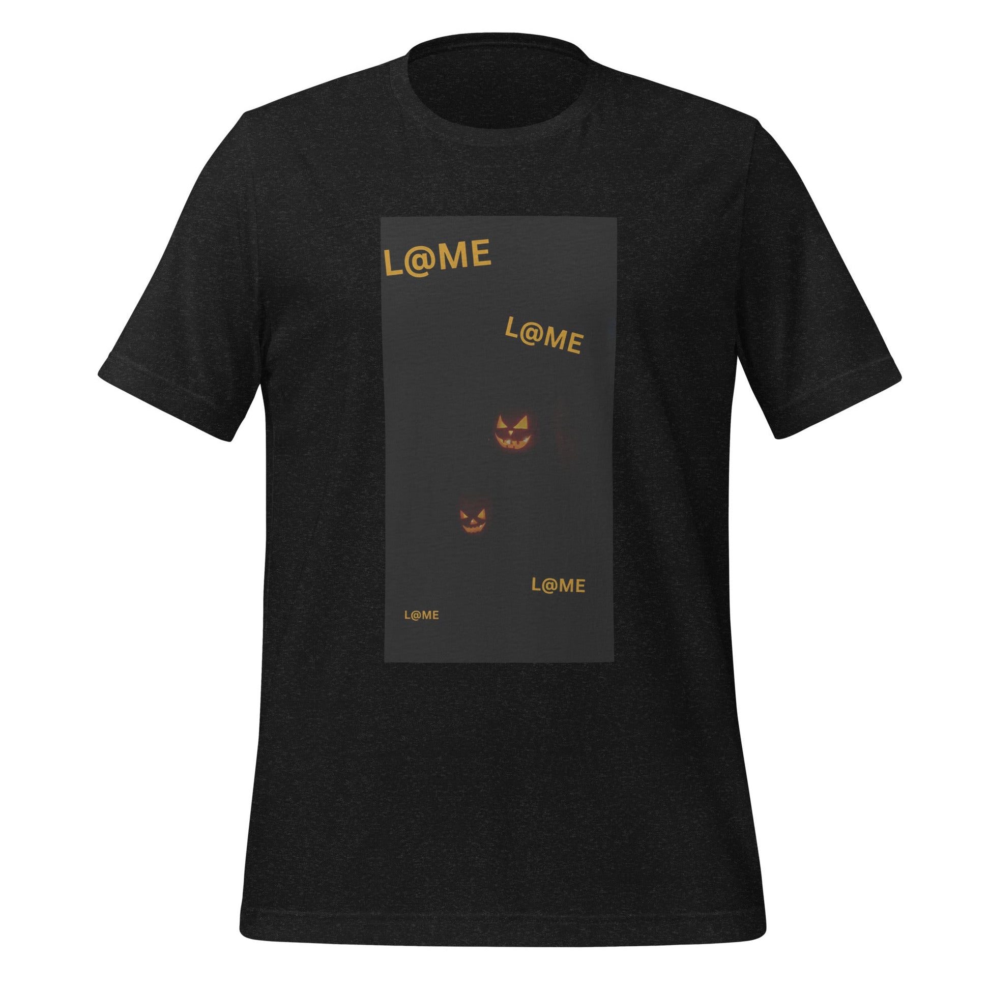 Black Halloween tee featuring subtle orange pumpkin faces on a dark background.