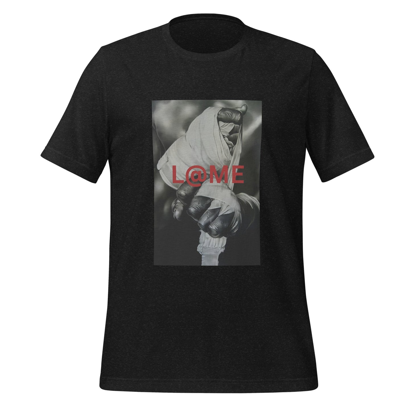Close-up of a hand gripping tightly, with bold red L@ME print on a grayscale tee.