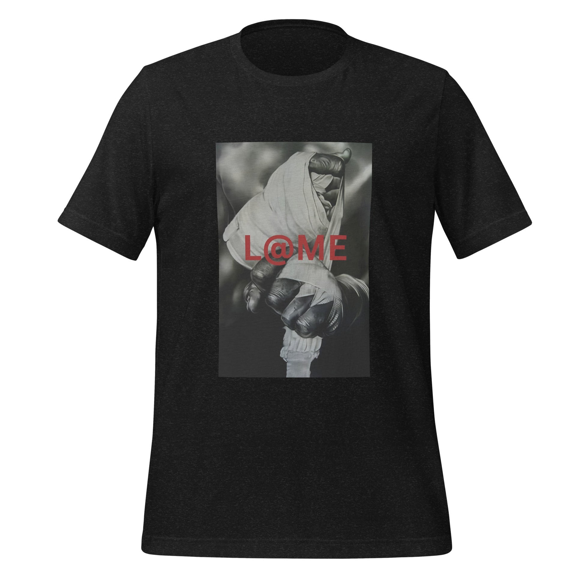 Close-up of a hand gripping tightly, with bold red L@ME print on a grayscale tee.