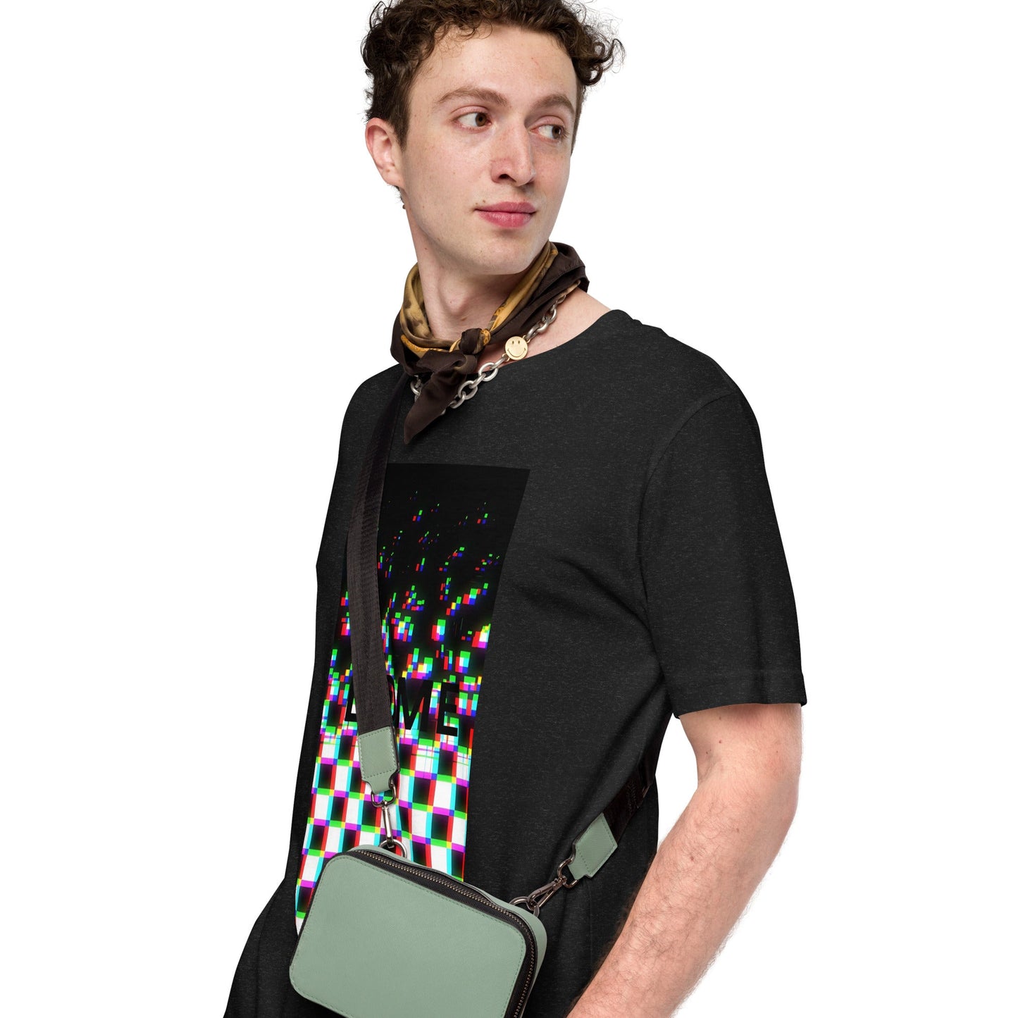 Black tee with a glitch-style warped grid fading into static on the front.