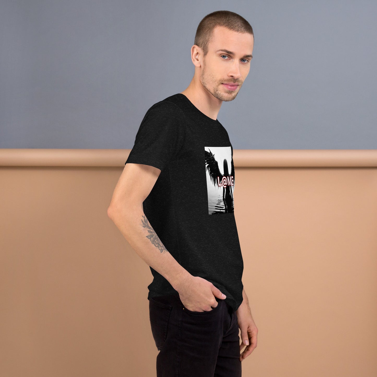 Black tee featuring bold black wings and the word LAME in a striking design.