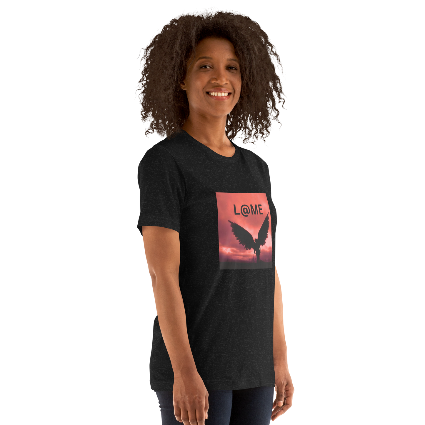 Unisex t-shirt featuring a fiery dusk sky and silhouetted angel wings behind the L@ME logo.