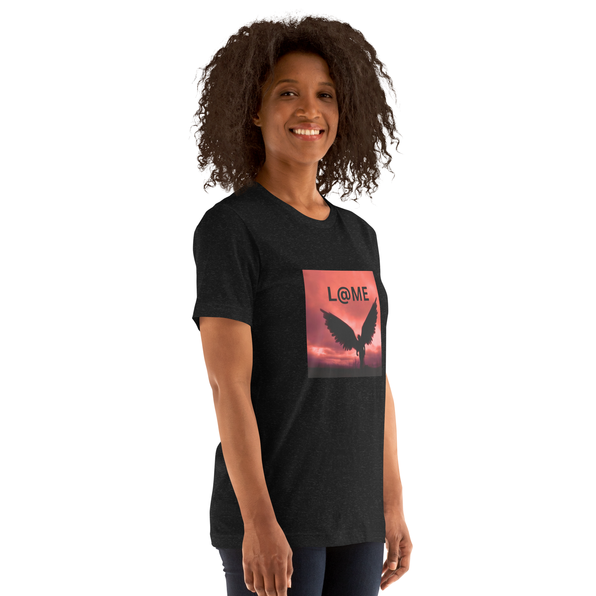 Unisex t-shirt featuring a fiery dusk sky and silhouetted angel wings behind the L@ME logo.