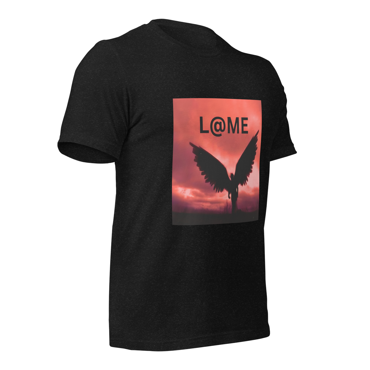 Unisex black tee with fiery dusk sky and angel wings behind L@ME logo on front