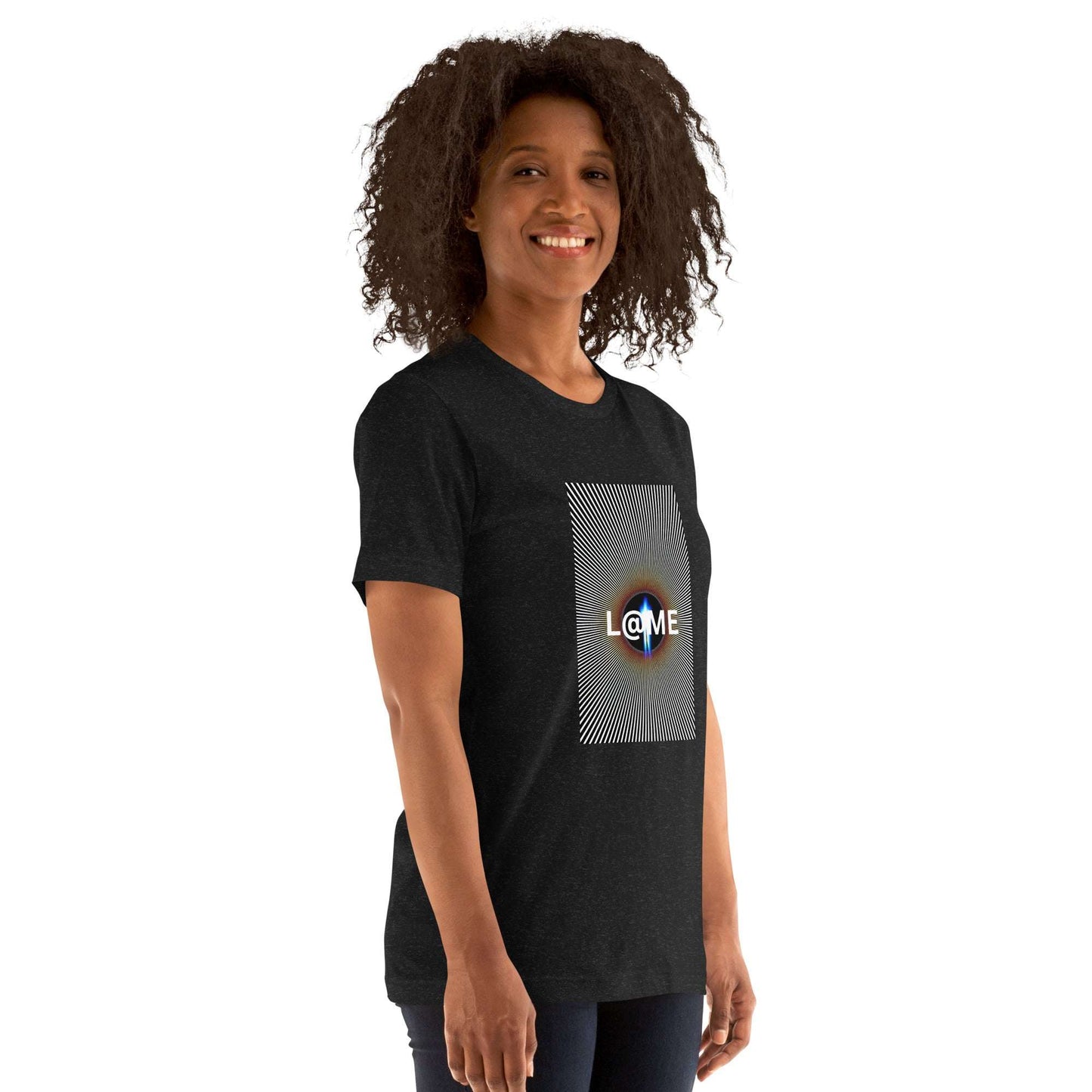 Black-and-white graphic t-shirt with a central optical illusion design.