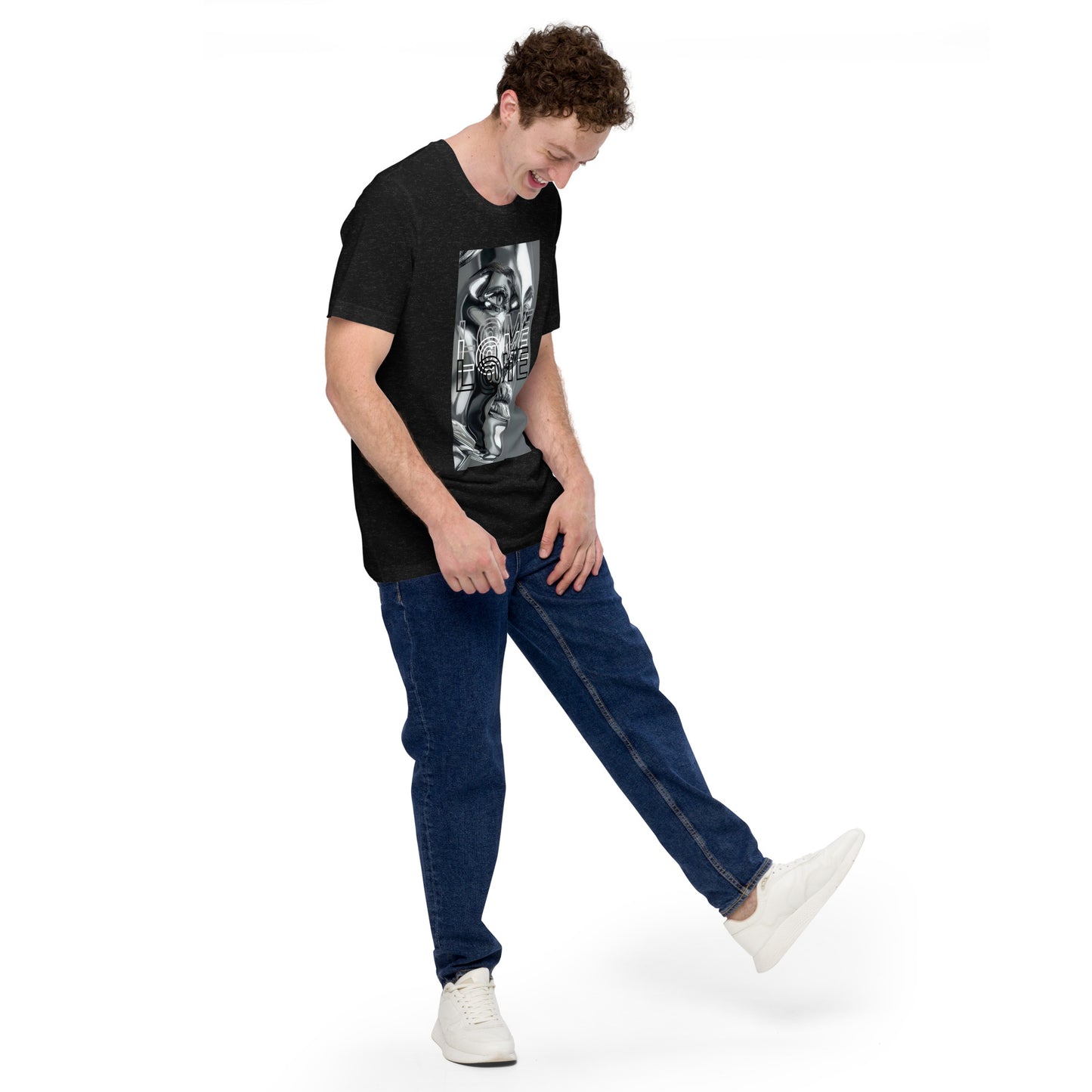 L@ME T-Shirt mit futuristischem Chrom-Gesichtsgrafik und Logo auf schwarzem Stoff