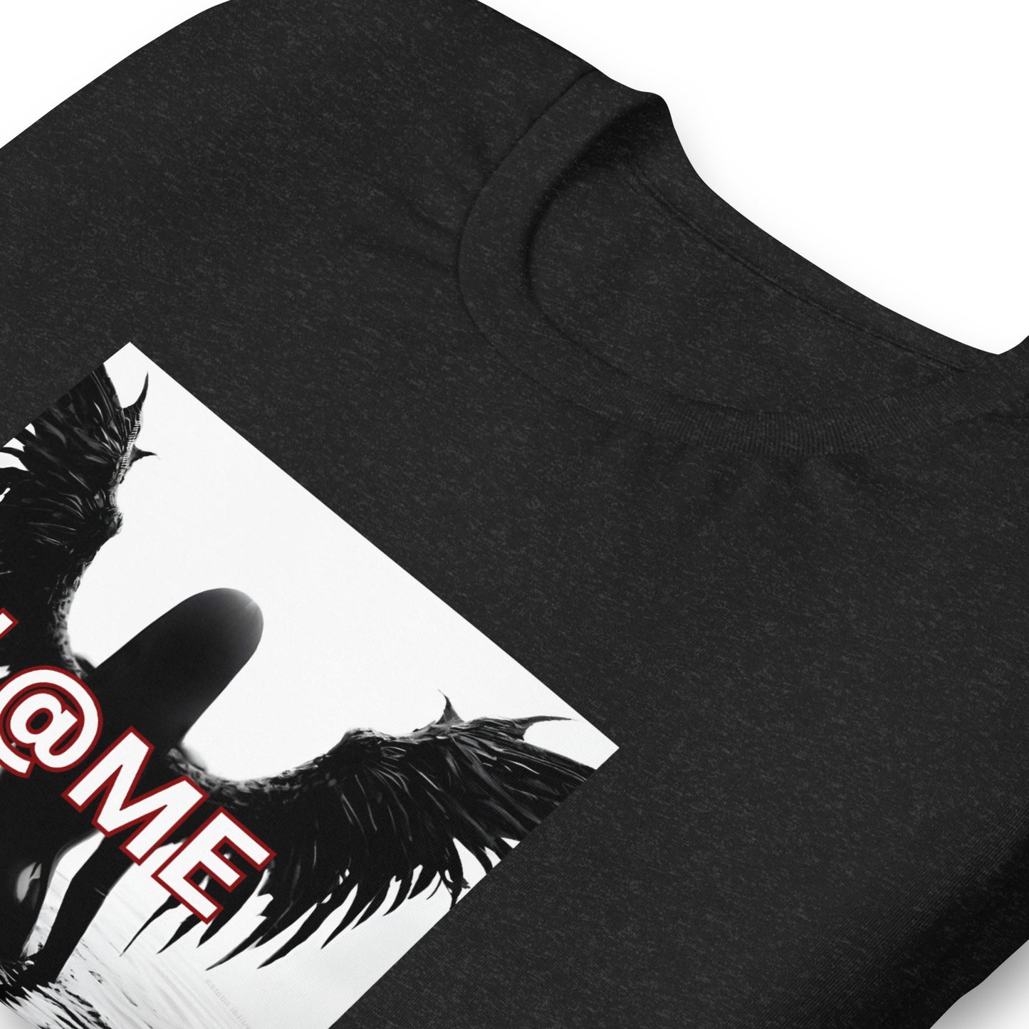 Black tee with reflective wings rising from water and the word L@ME on front