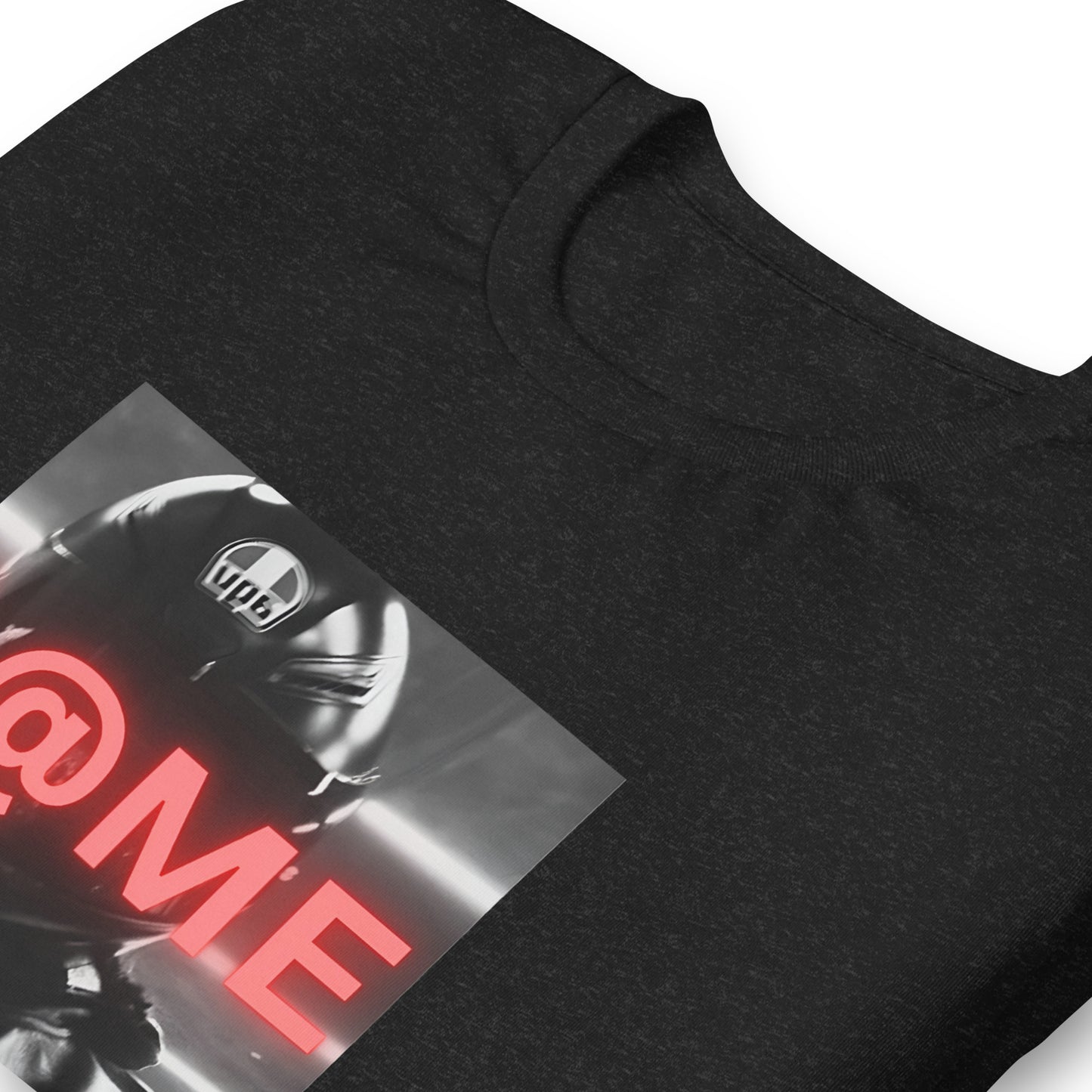 Black T-shirt with neon red helmeted rider graphic and L@ME logo on front