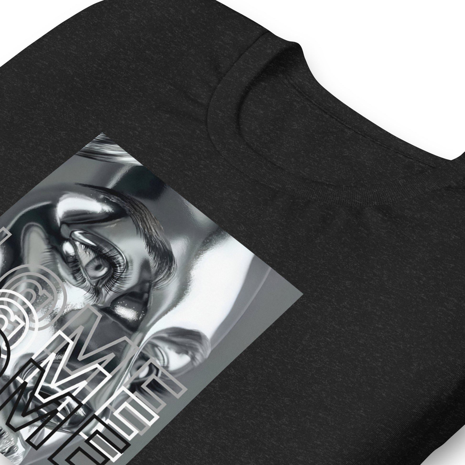Futuristic chrome face graphic t-shirt with the L@ME logo on a cotton fabric.