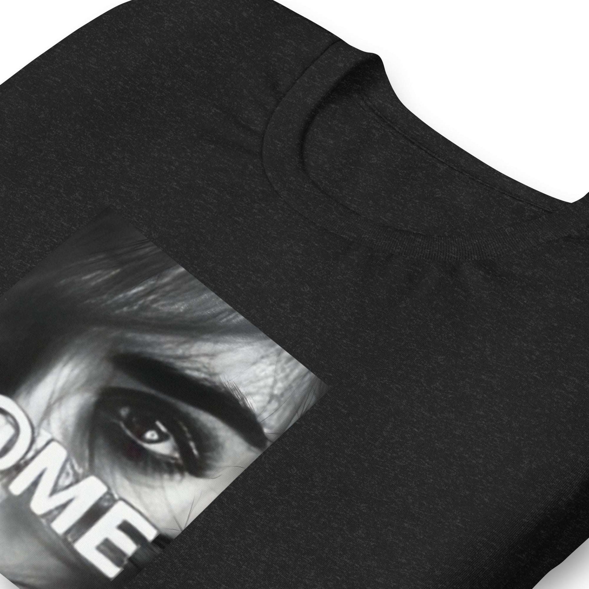 Black t-shirt featuring a grayscale face design and the L@ME logo on the front.