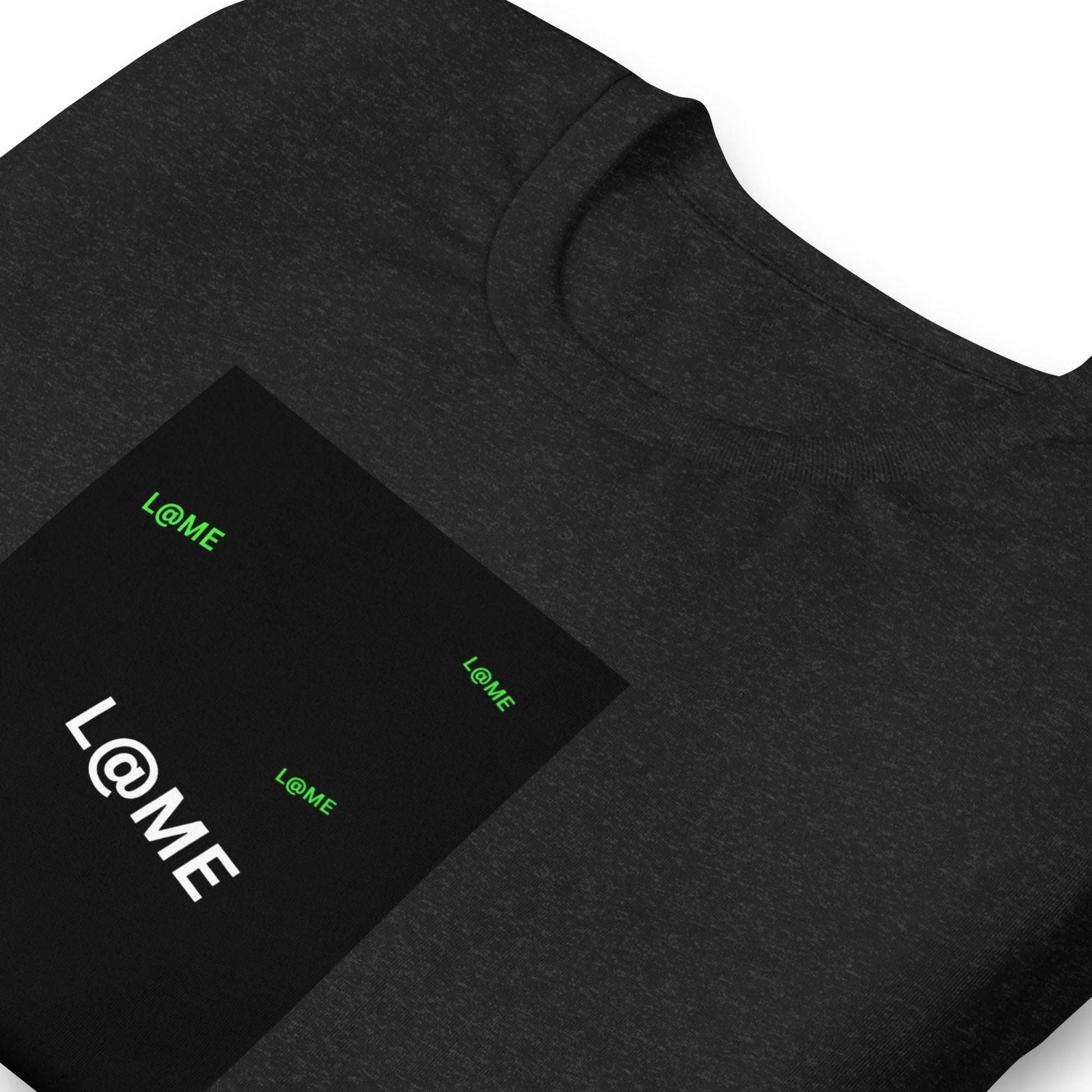 Minimalist tee featuring subtle green logos and a central print on dark fabric.
