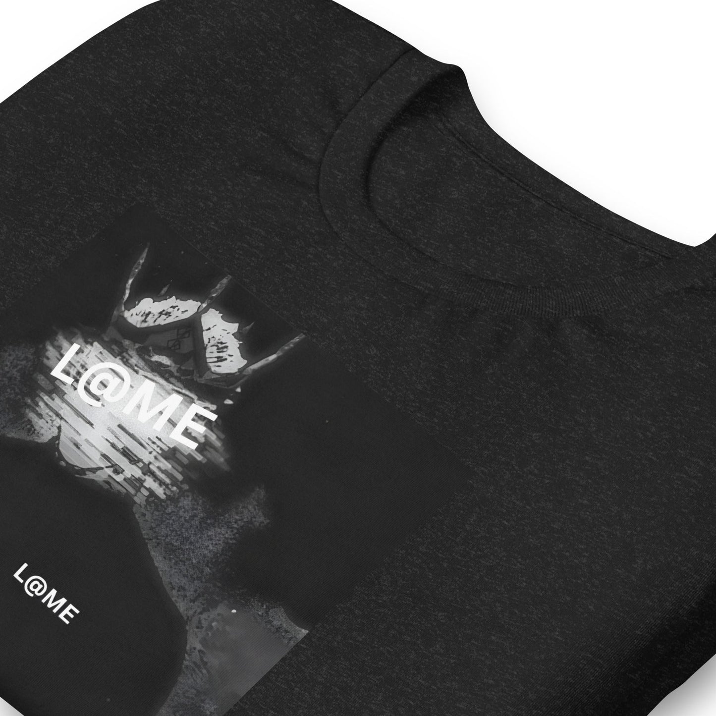 Black tee featuring a glitch-inspired design with abstract patterns and a relaxed fit.