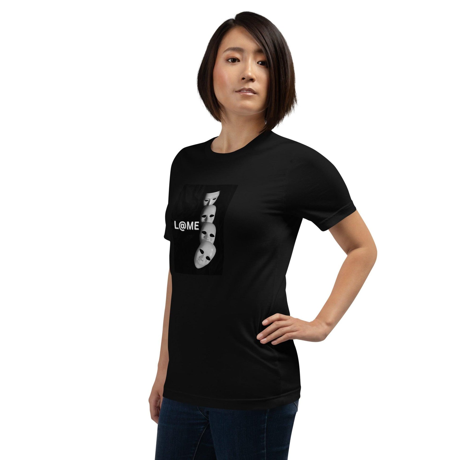 Black unisex T-shirt with cascading falling white masks graphic on front and short sleeves