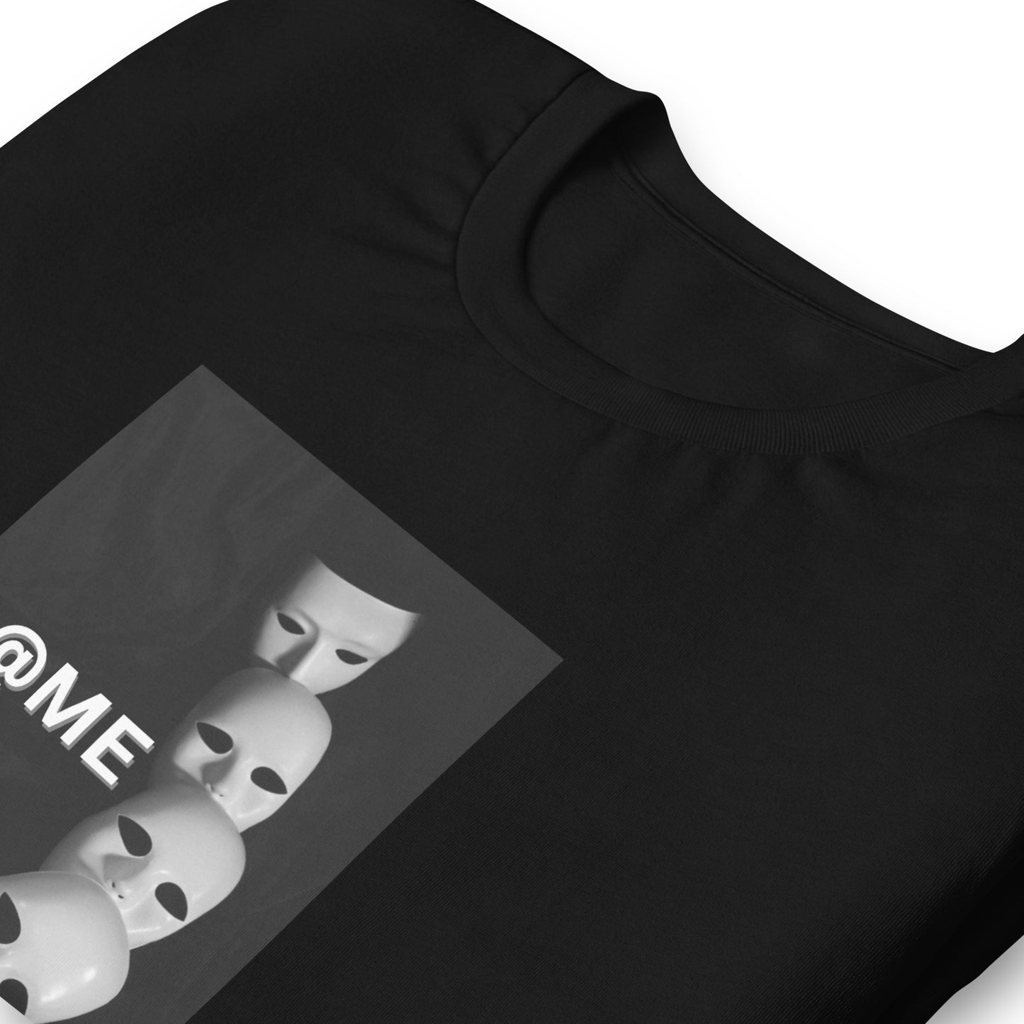 Unisex black t-shirt featuring a white cascade of masks on a black background.