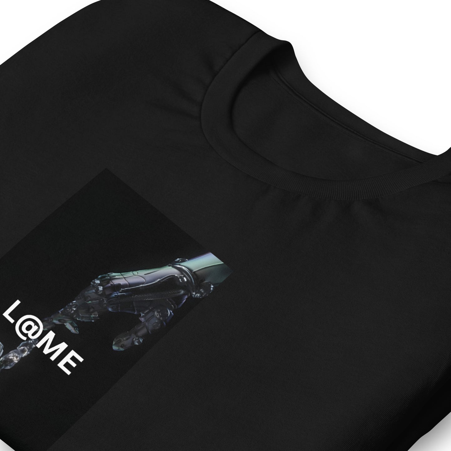 White tee with two robotic hands reaching out in minimalist design on front