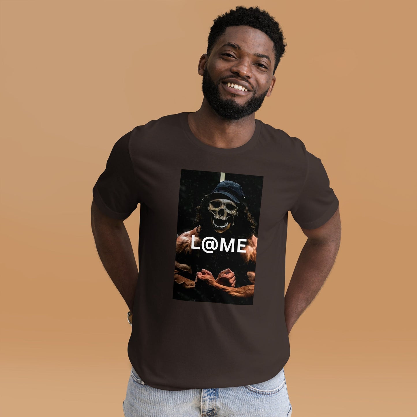 Black graphic tee with a skeletal figure flexing muscles under dim light on front