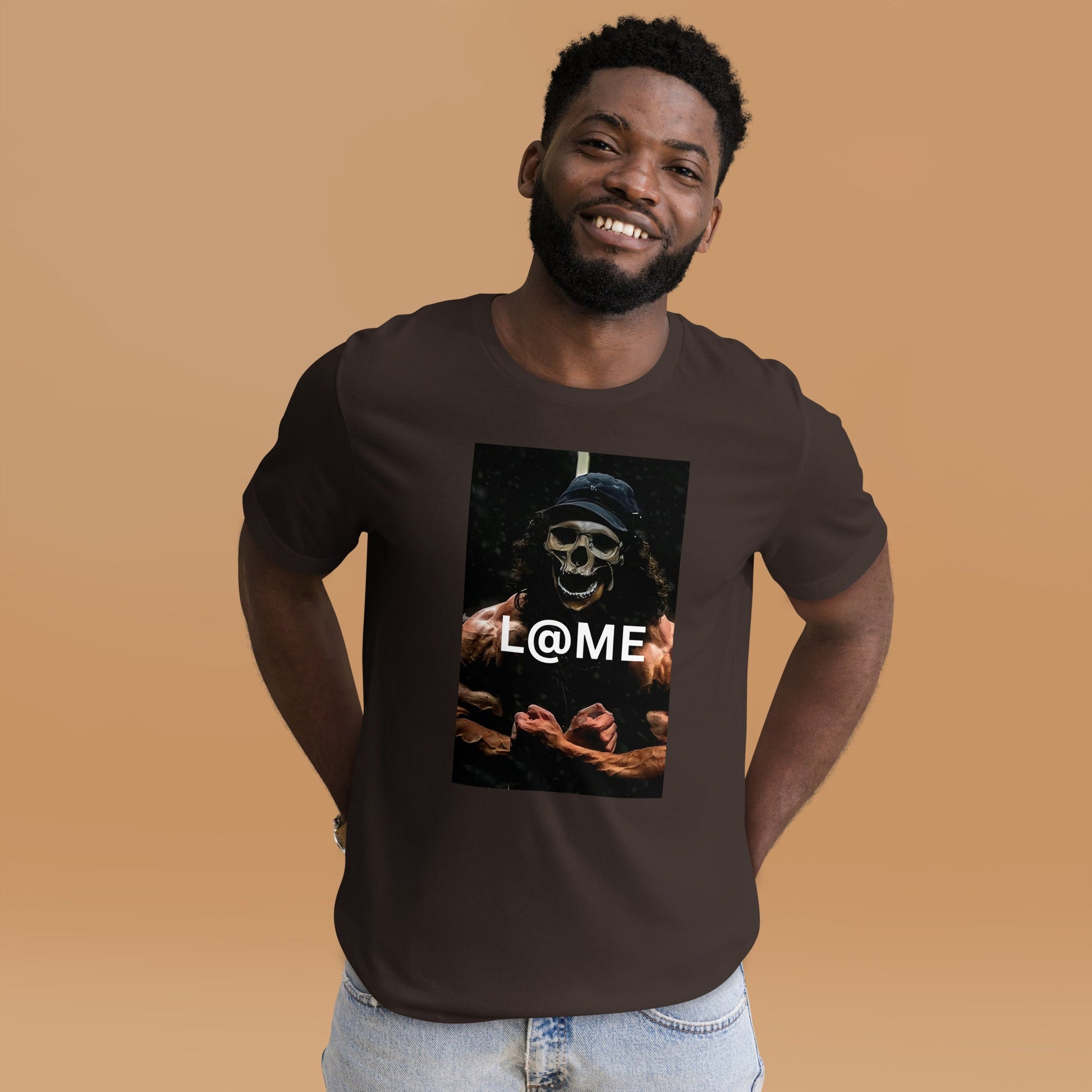 Black graphic tee with a skeletal figure flexing muscles under dim light on front