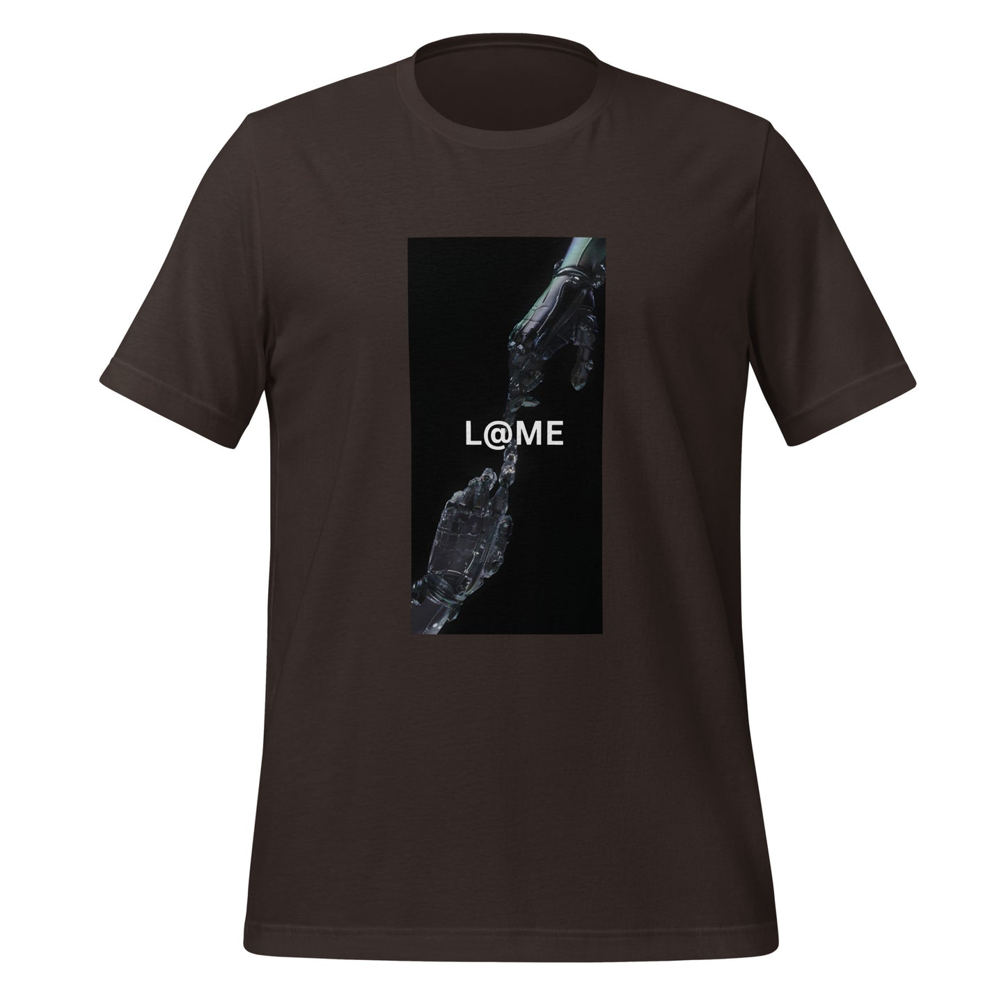 White tee with two robotic hands reaching out on a dark background and minimalist design